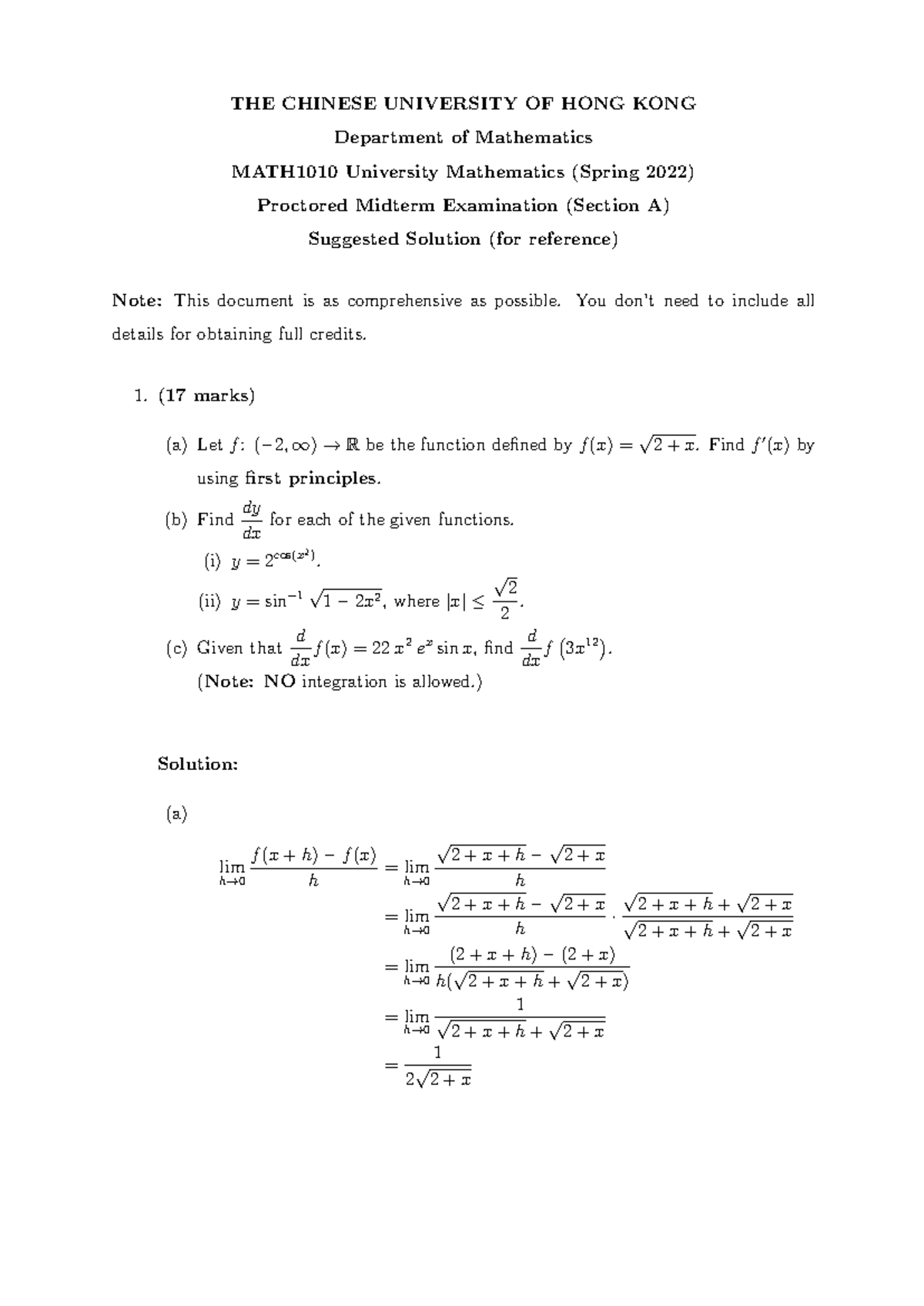 MATH1010 Term2 2022 Midterm (Section A) sol v1 - THE CHINESE UNIVERSITY ...
