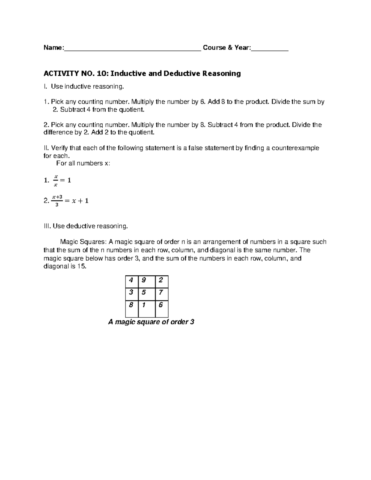 Activity 10: Inductive & Deductive Reasoning Exercises - Studocu