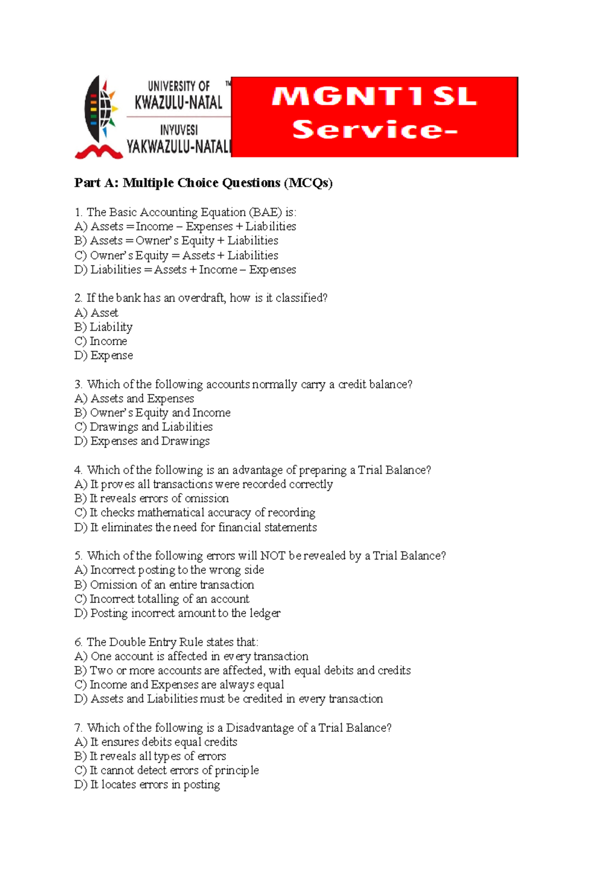 ACCT 101: Tutorial 8 - MCQs on Basic Accounting Concepts - Studocu