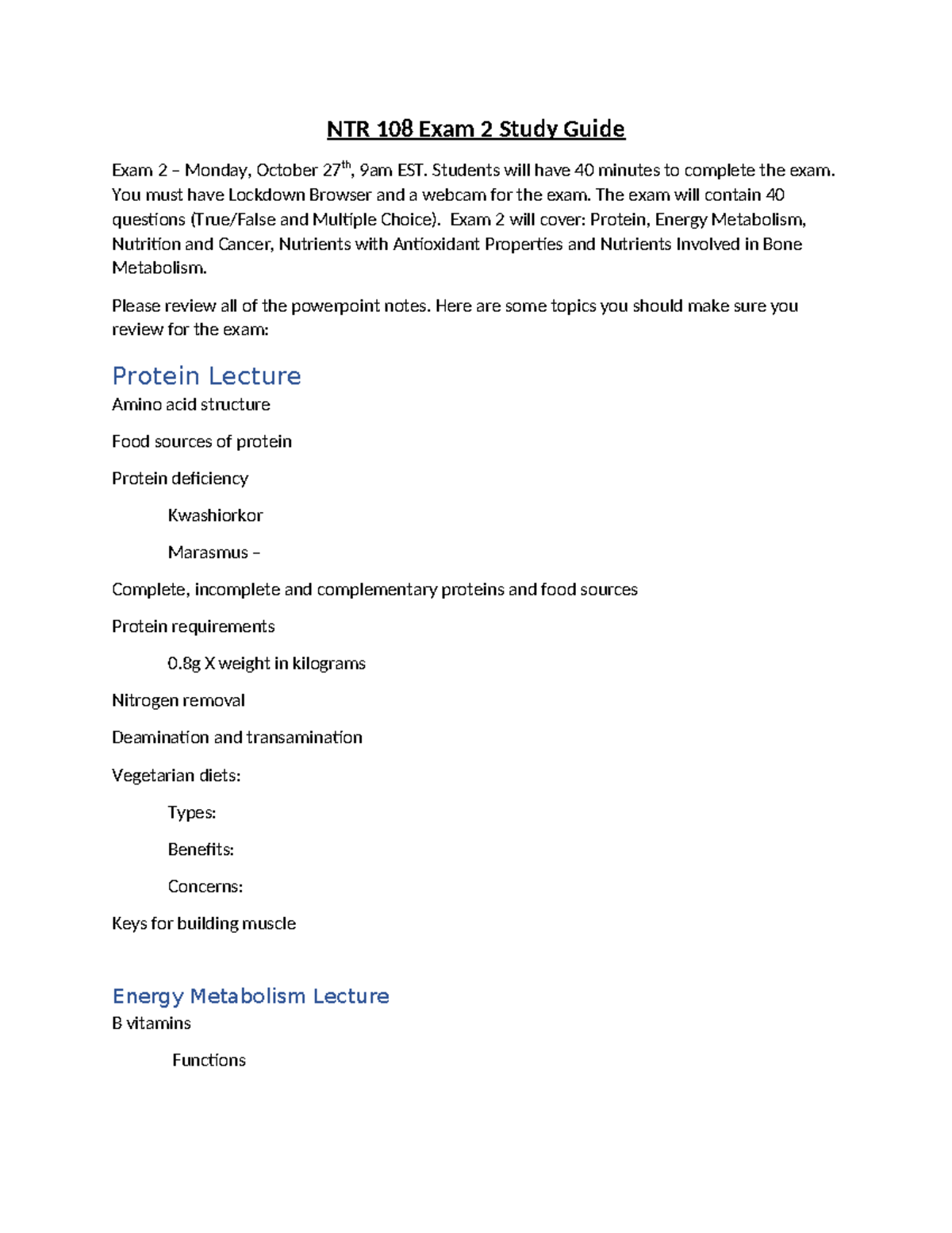 NTR 108 Exam 2 Study Guide: Key Topics for Success - Studocu