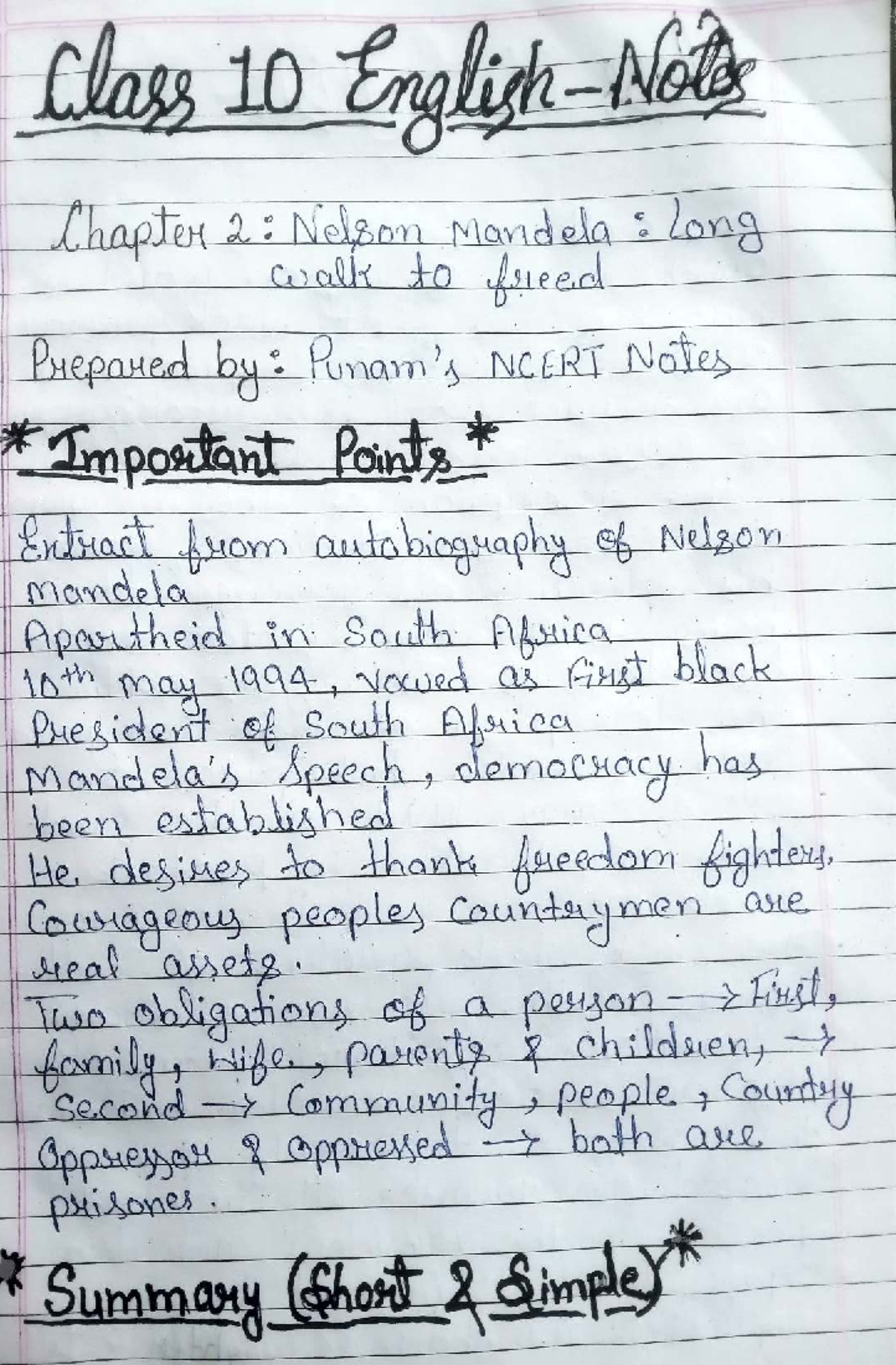 Class 10 English Chapter 2: Nelson Mandela Autobiography Notes - Studocu