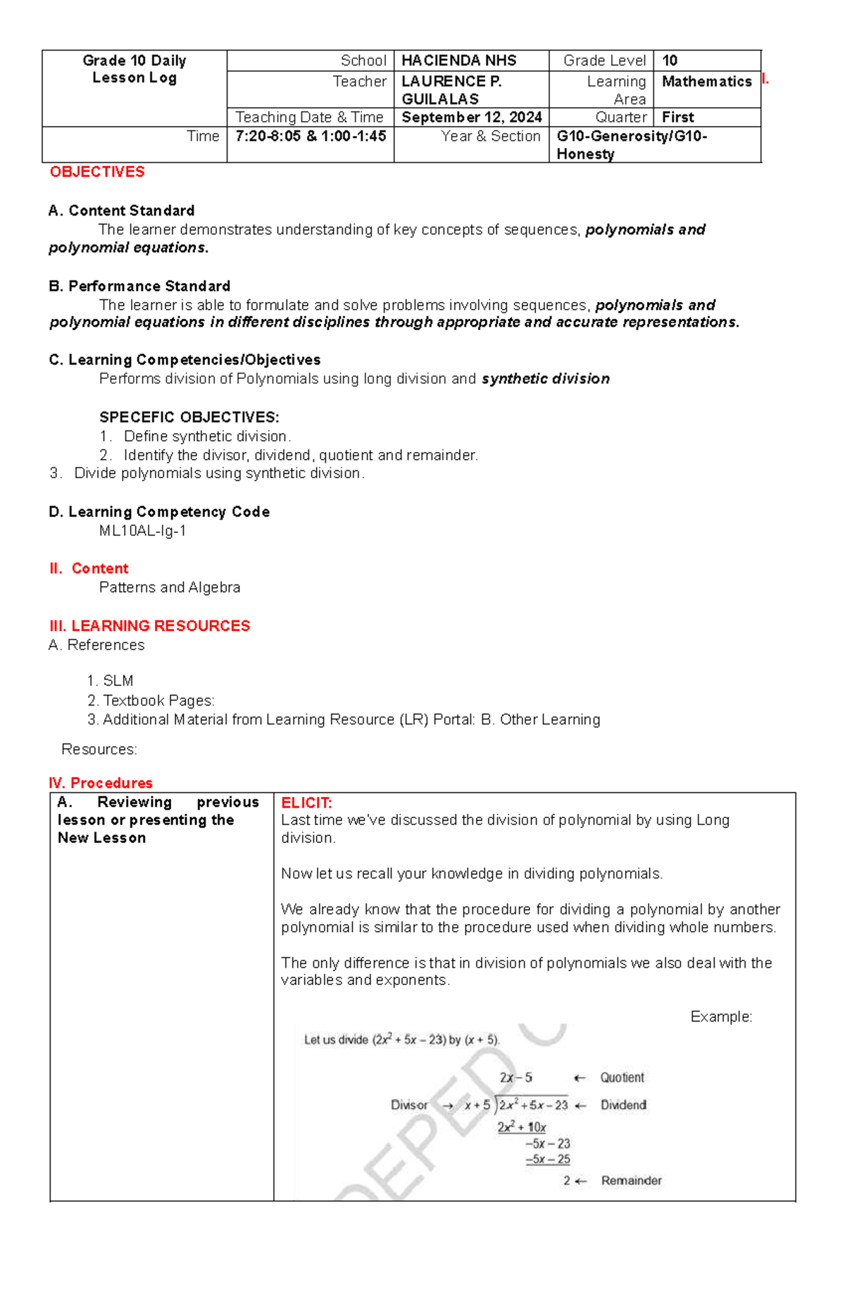 Grade 10 Math Lesson Plan: Synthetic Division Techniques - Studocu