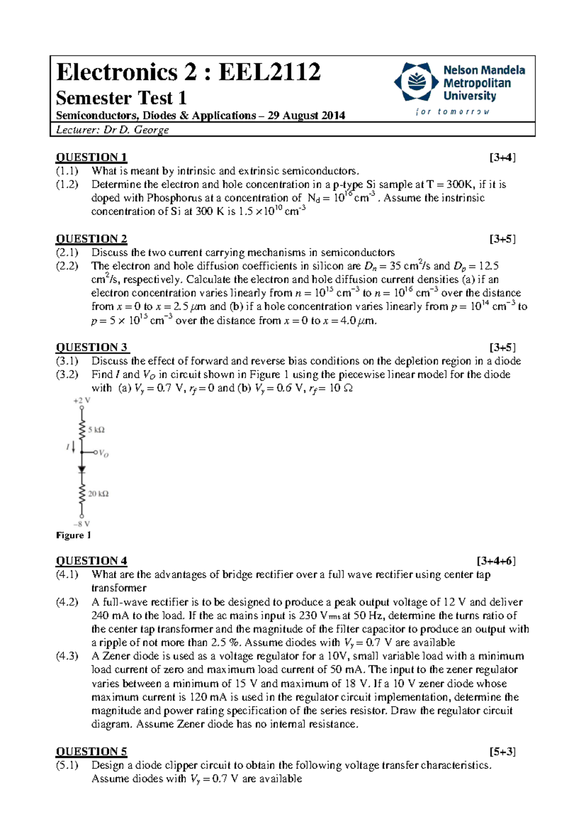 EEL2112 Semester Test 1: Semiconductors & Diode Applications - Studocu