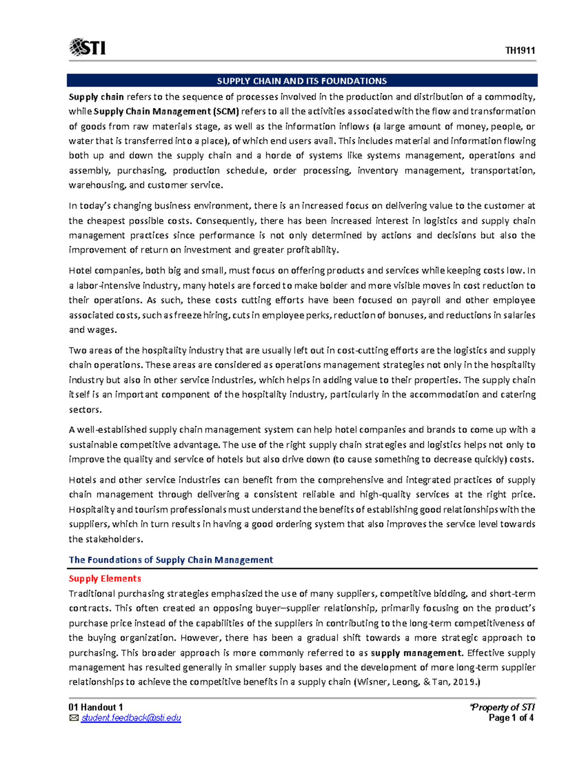 FCCE - Supply Chain Management in Hospitality Handout - Studocu