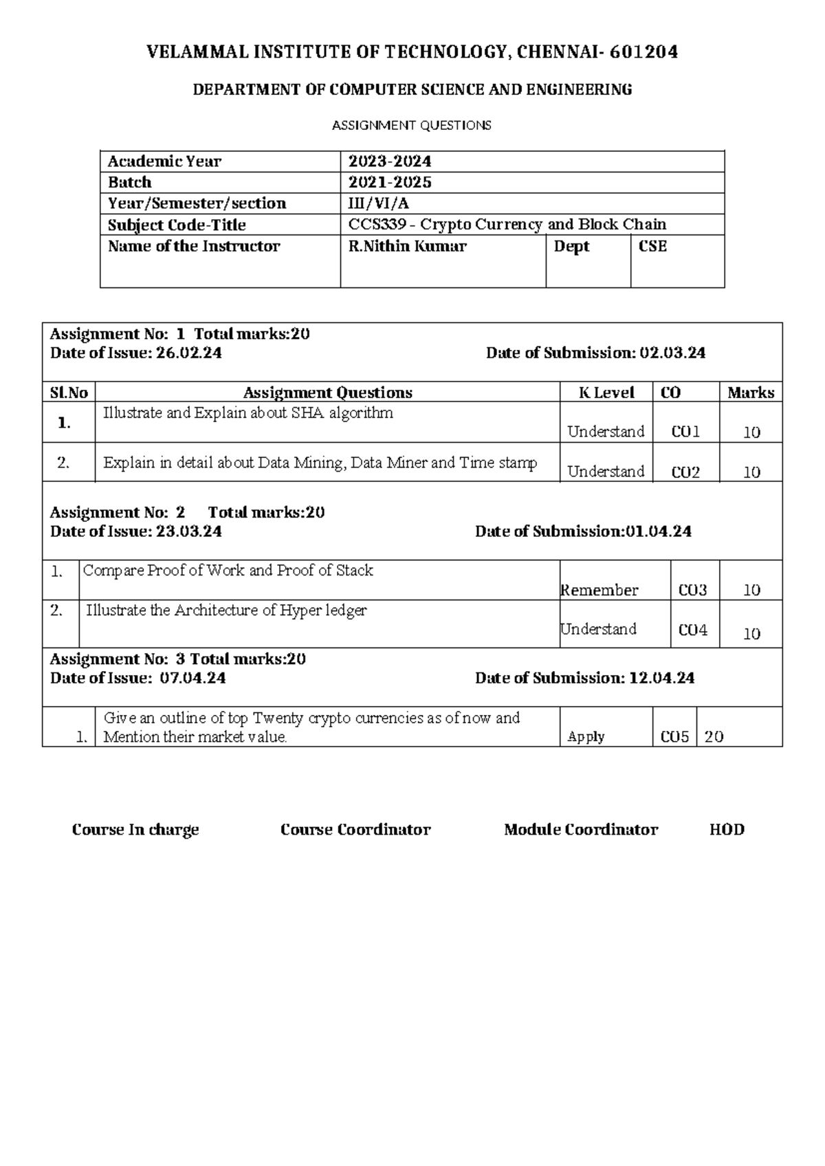 CCS339 Assignment Questions on Crypto Currency & Blockchain - Studocu