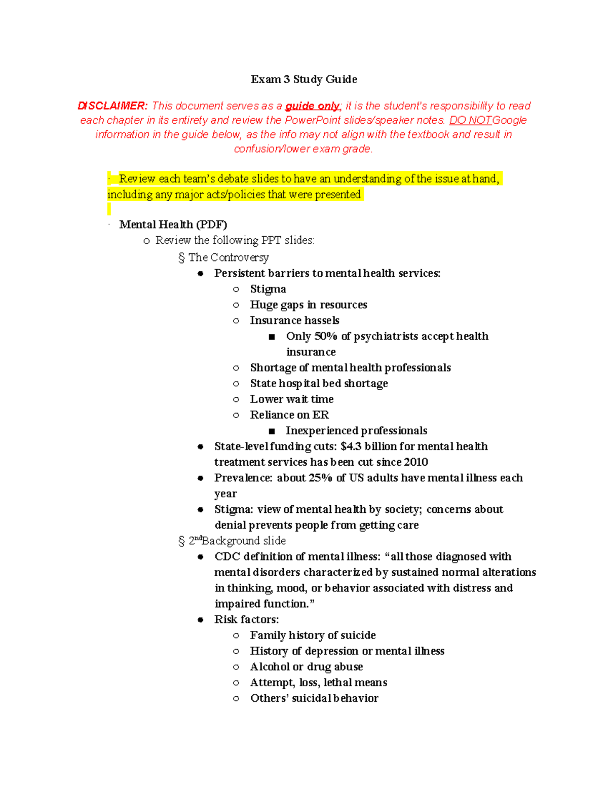 Exam 3 Study Guide - Exam 3 Study Guide DISCLAIMER: This document ...