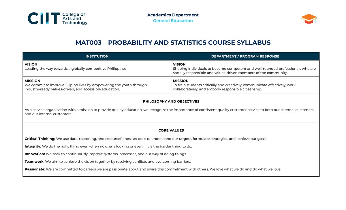 MAT003 - Probability and Statistics Course Syllabus AY 2025-2026 - Studocu