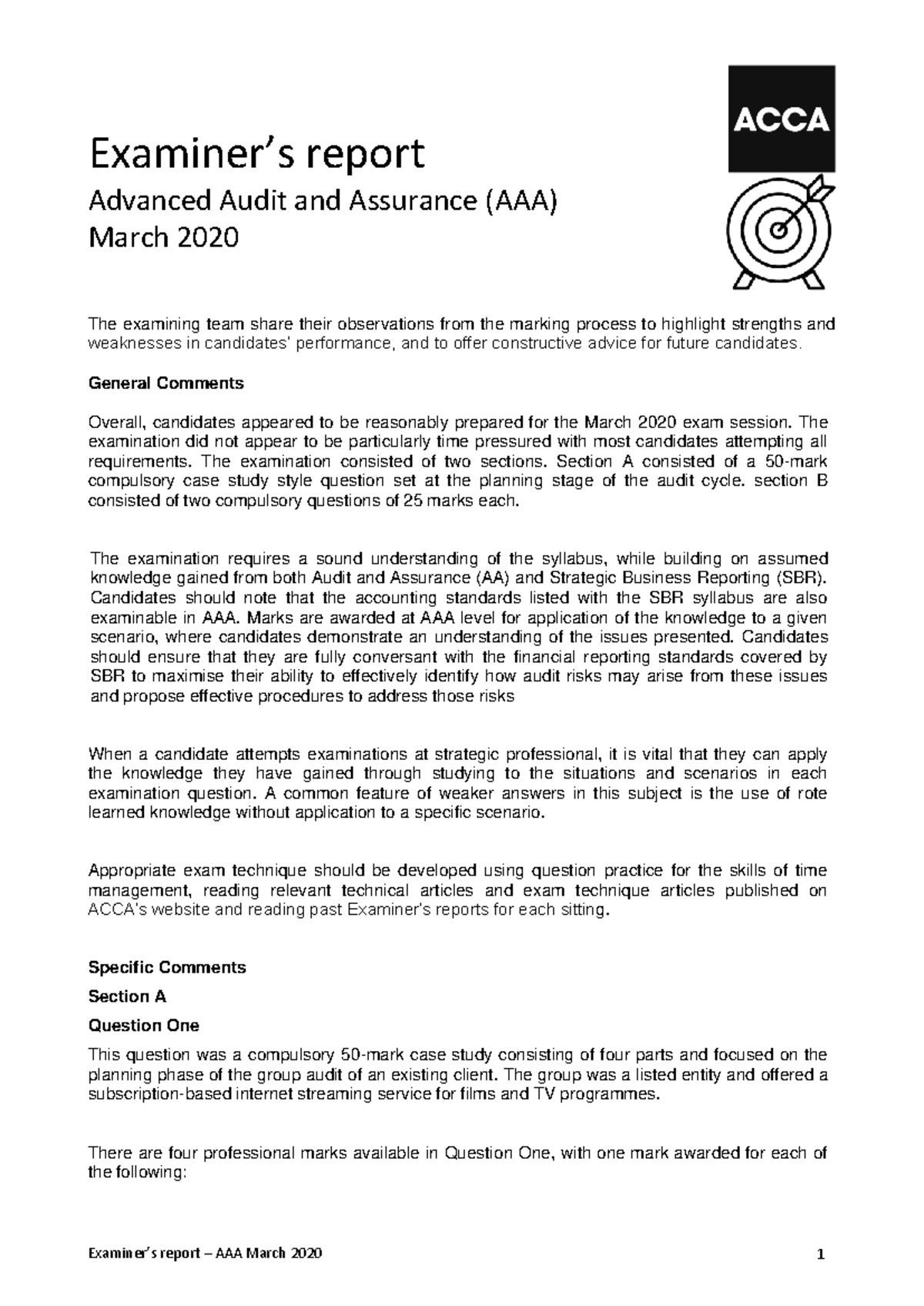 AAA examiner's report M20 - Examiner’s report Advanced Audit and ...