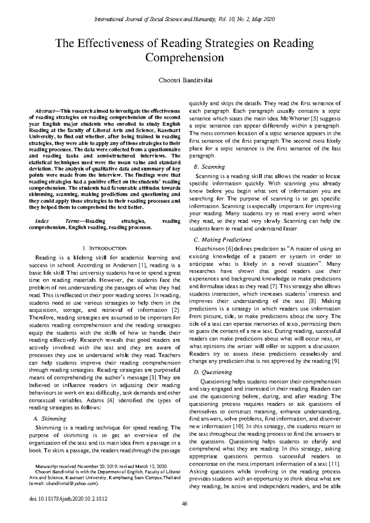 **The Impact of Reading Strategies on Comprehension in ENG 01355201 ...