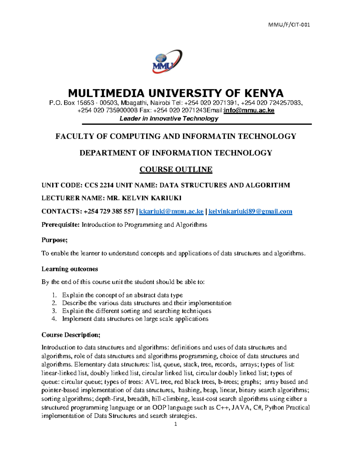 Course Outline ~ CS & SE Y2S1 ~ CCS 2214 Data Structures and Algorithm ...