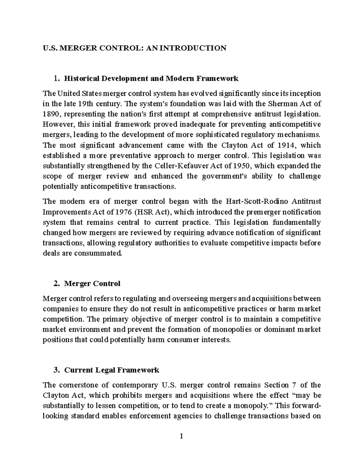 US Antitrust Law 2024 Merger Control with questions - U. MERGER CONTROL ...