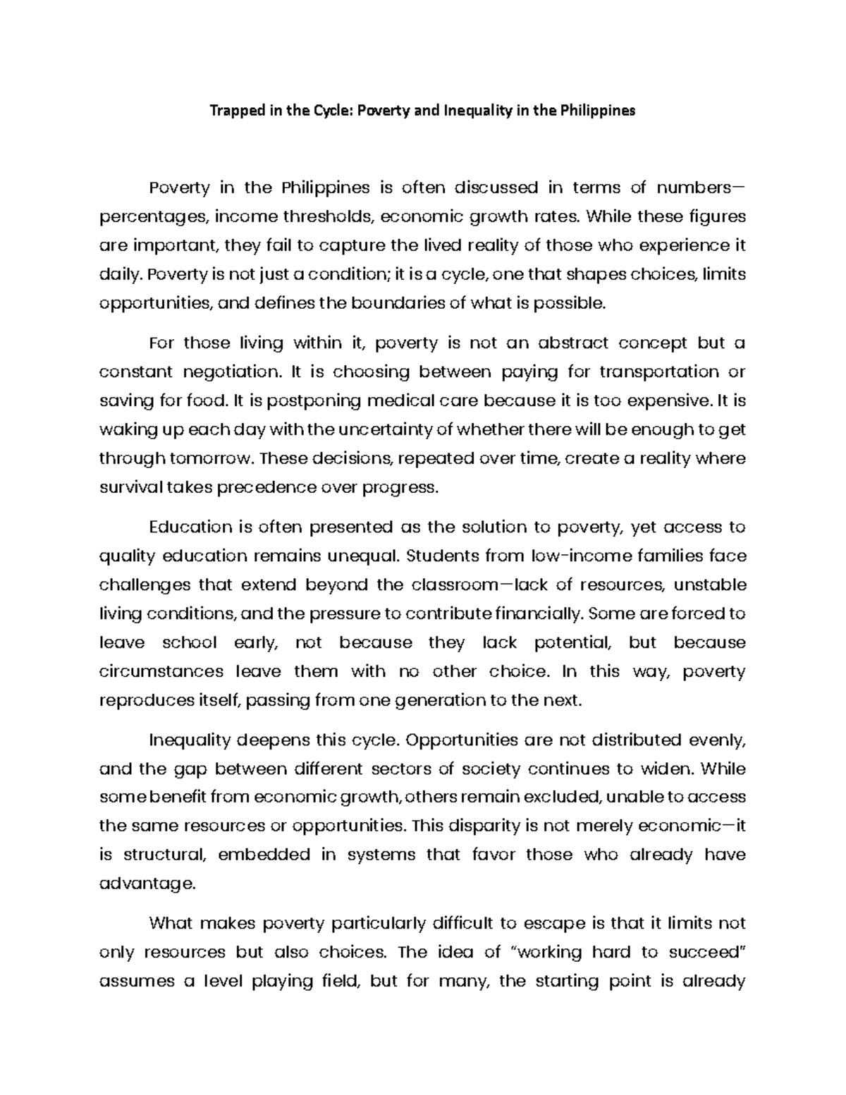 Poverty and Inequality in the Philippines: A Cycle of Struggle - Studocu