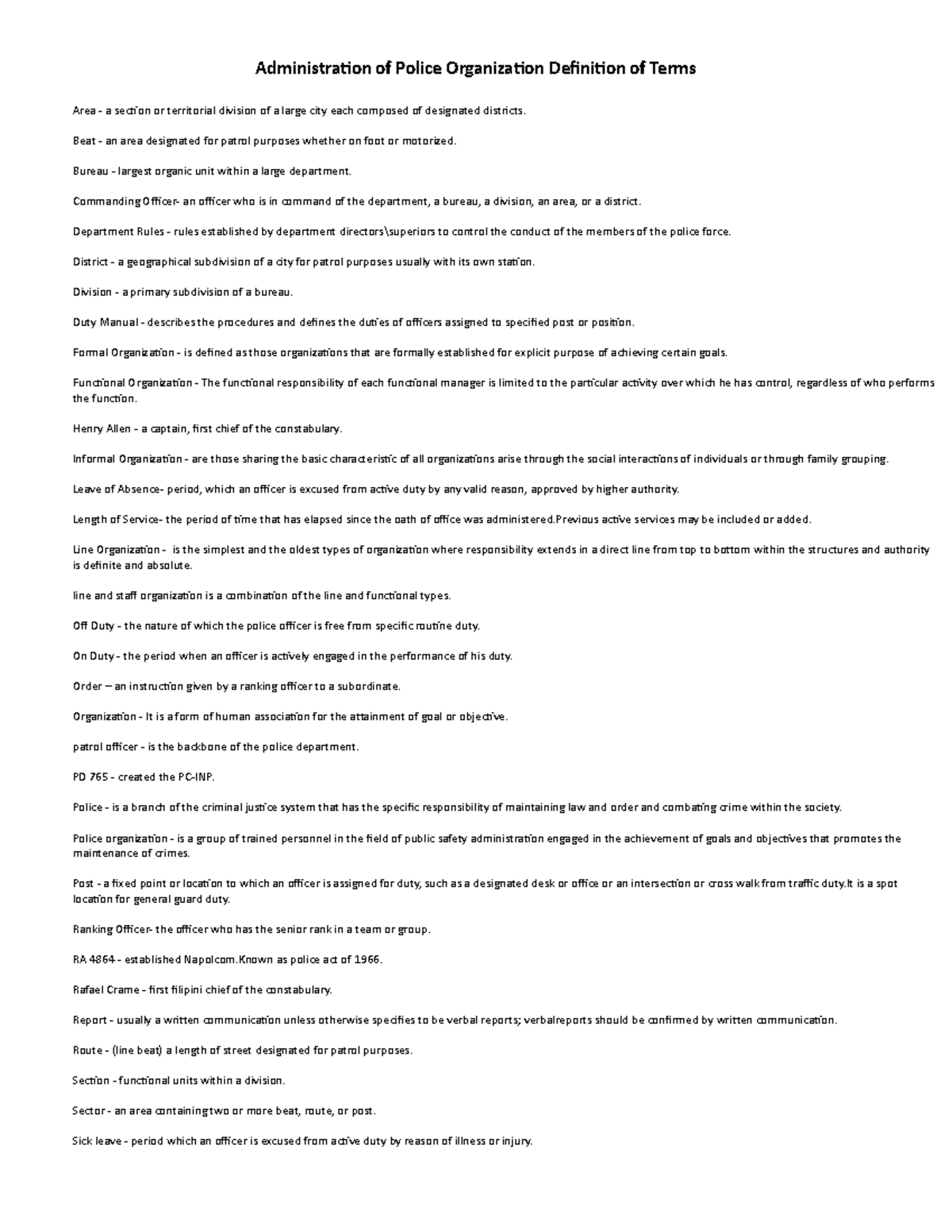Admin of Police Org: Key Terms and Definitions for Reference - Studocu