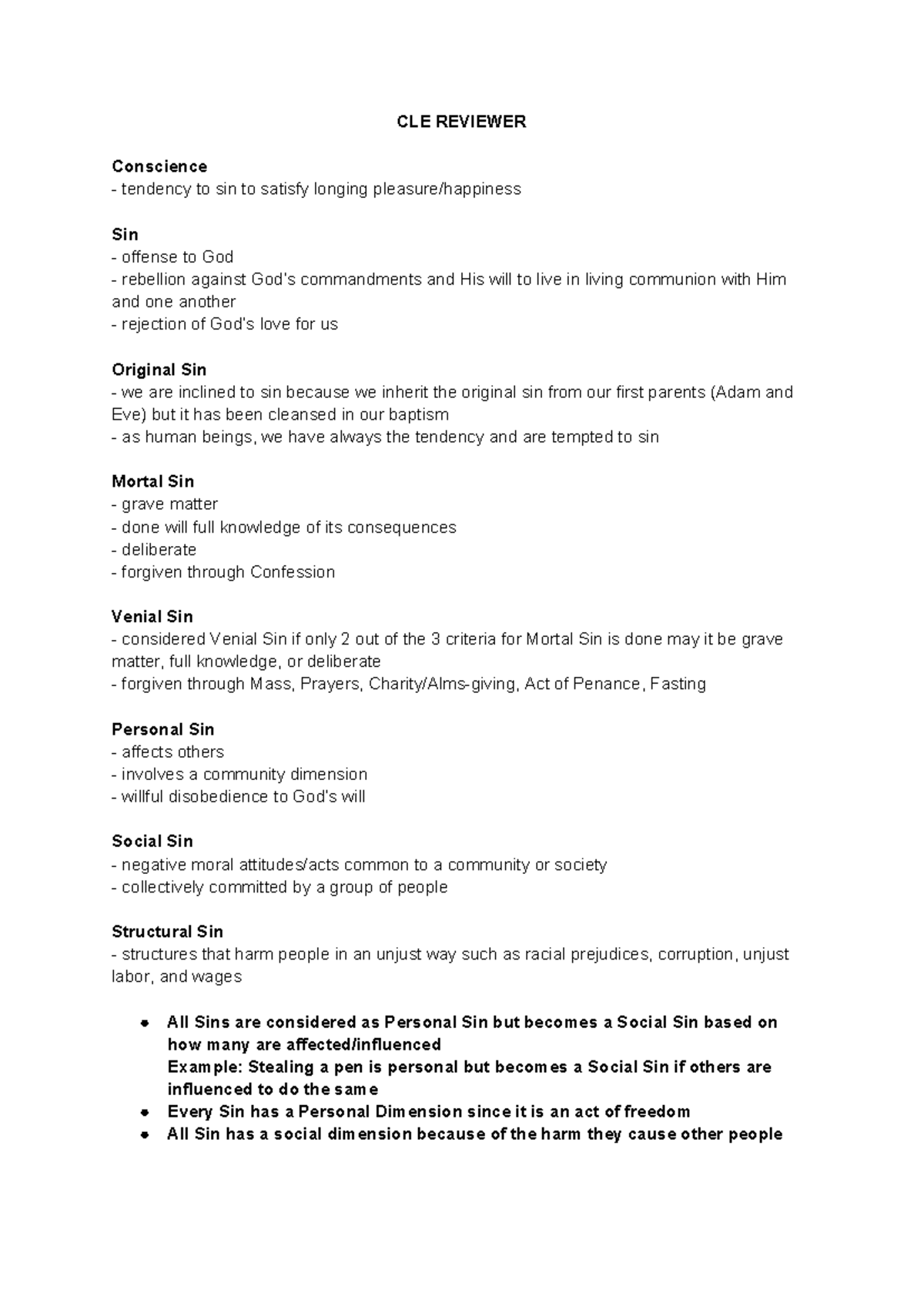 CLE Reviewer - Understanding Sin: Personal and Social Dimensions - Studocu
