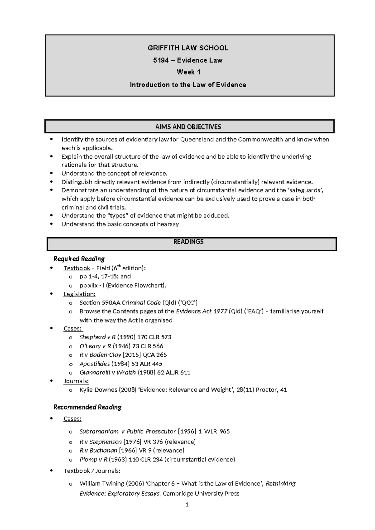 Week 1 - Intro to Evidence Law Concepts (5194) and Key Readings - Studocu