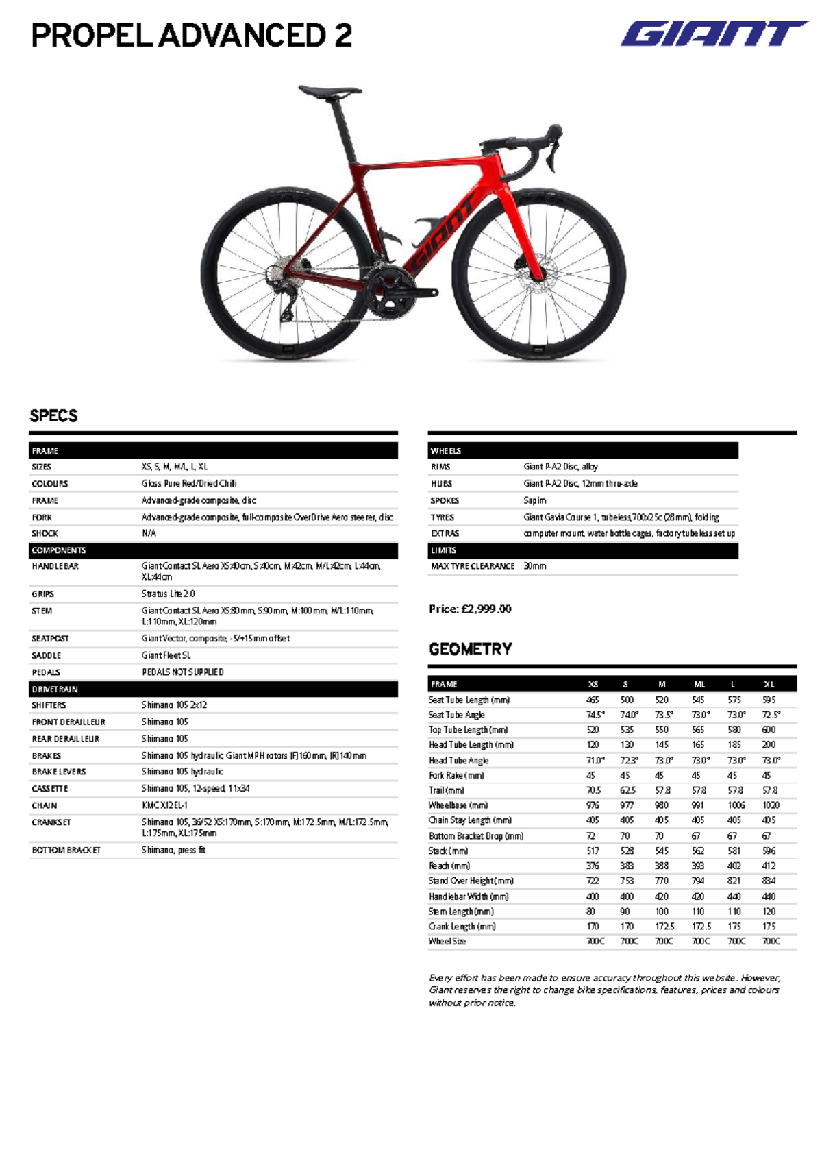 Giant Propel Advanced 2 Specs: Frame, Wheels & Sizes XS-XL - Studocu