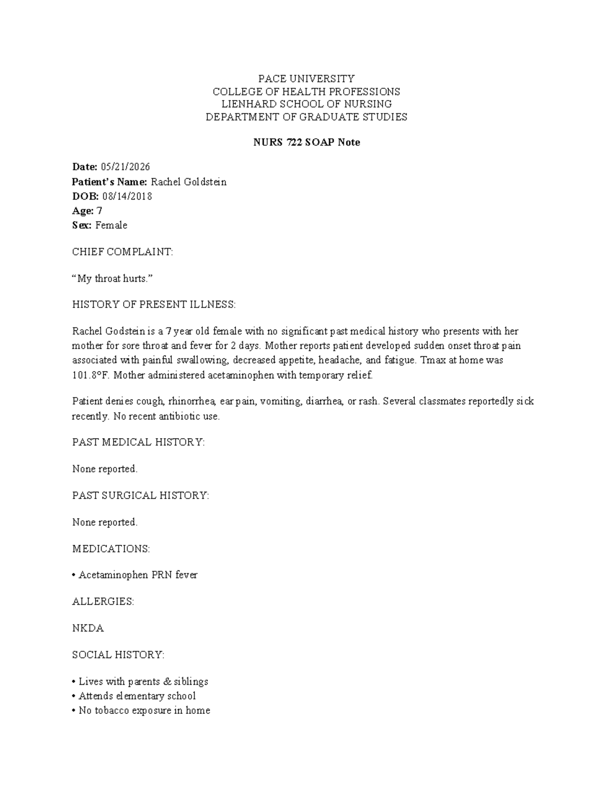 NURS 722 SOAP Note: Strep Throat Case Study for Rachel Goldstein - Studocu