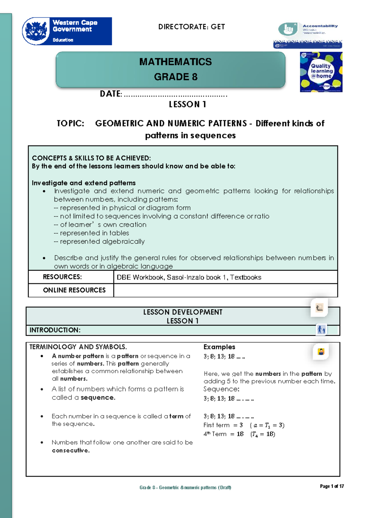 Grade 8 Mathematics: Geometric & Numeric Patterns Lesson Notes - Studocu