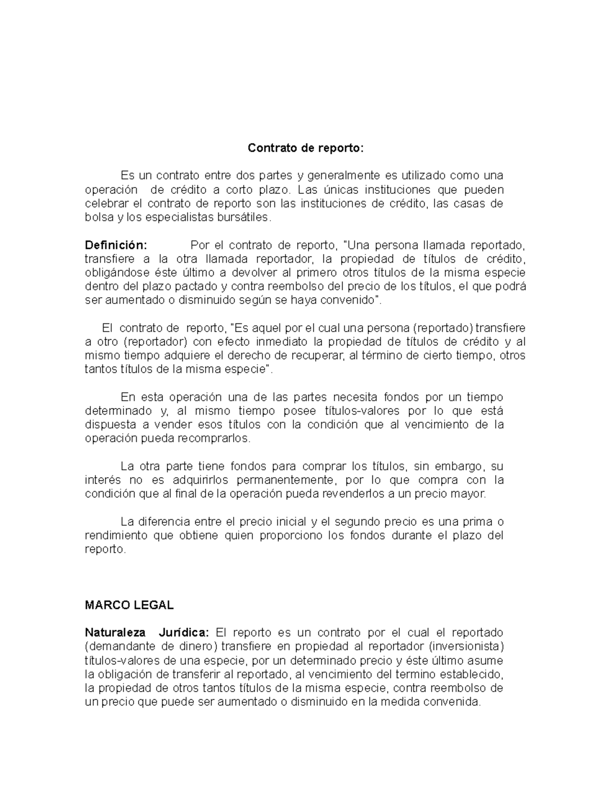 Contrato de Reporto: Definición, Marco Legal y Características - Studocu
