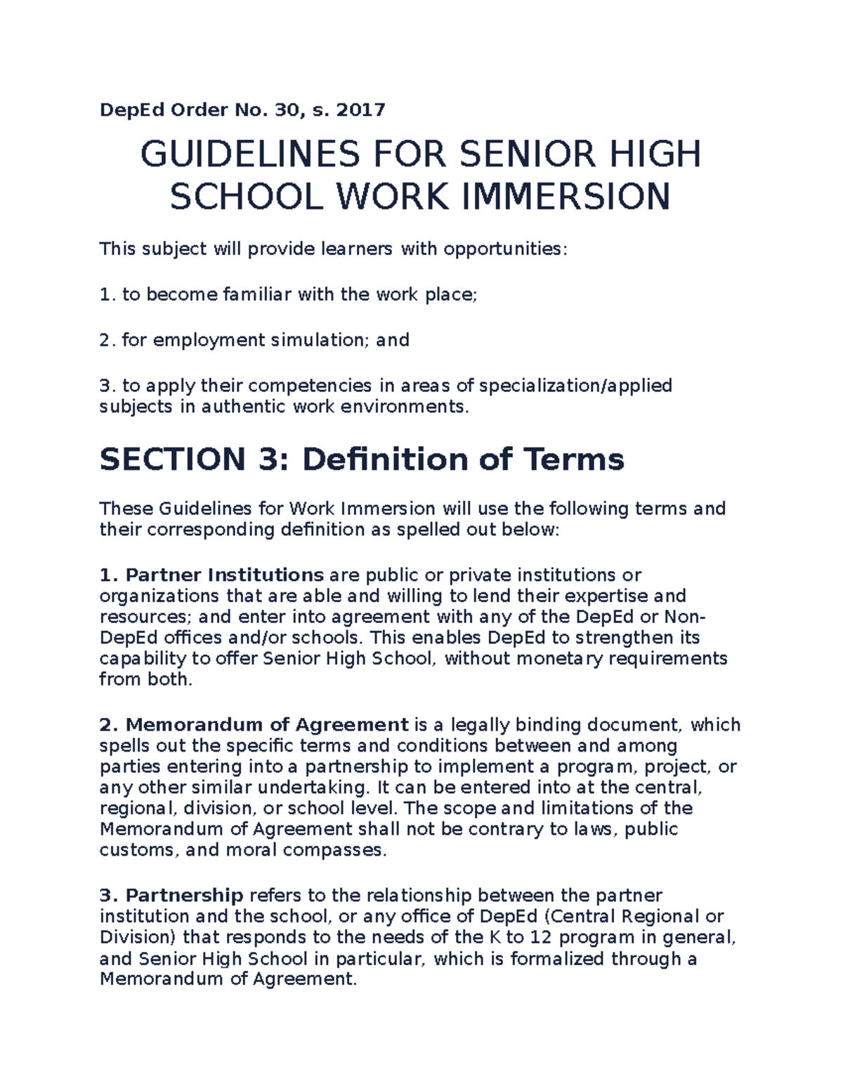 WI- Rules-REGS - WORK IMMERSION - DepEd Order No. 30, s. 2017 ...