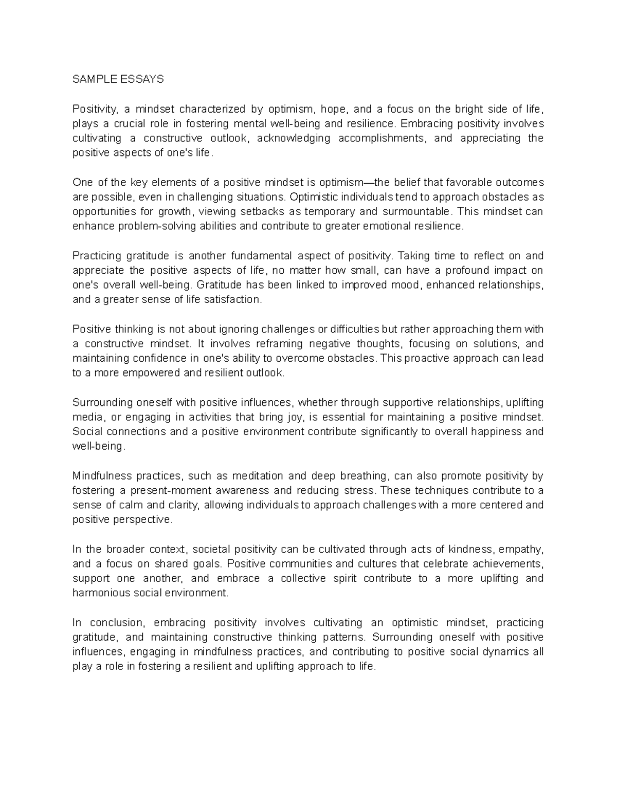 SAMPLE ESSAYS: Embracing Positivity for Mental Resilience and Growth ...