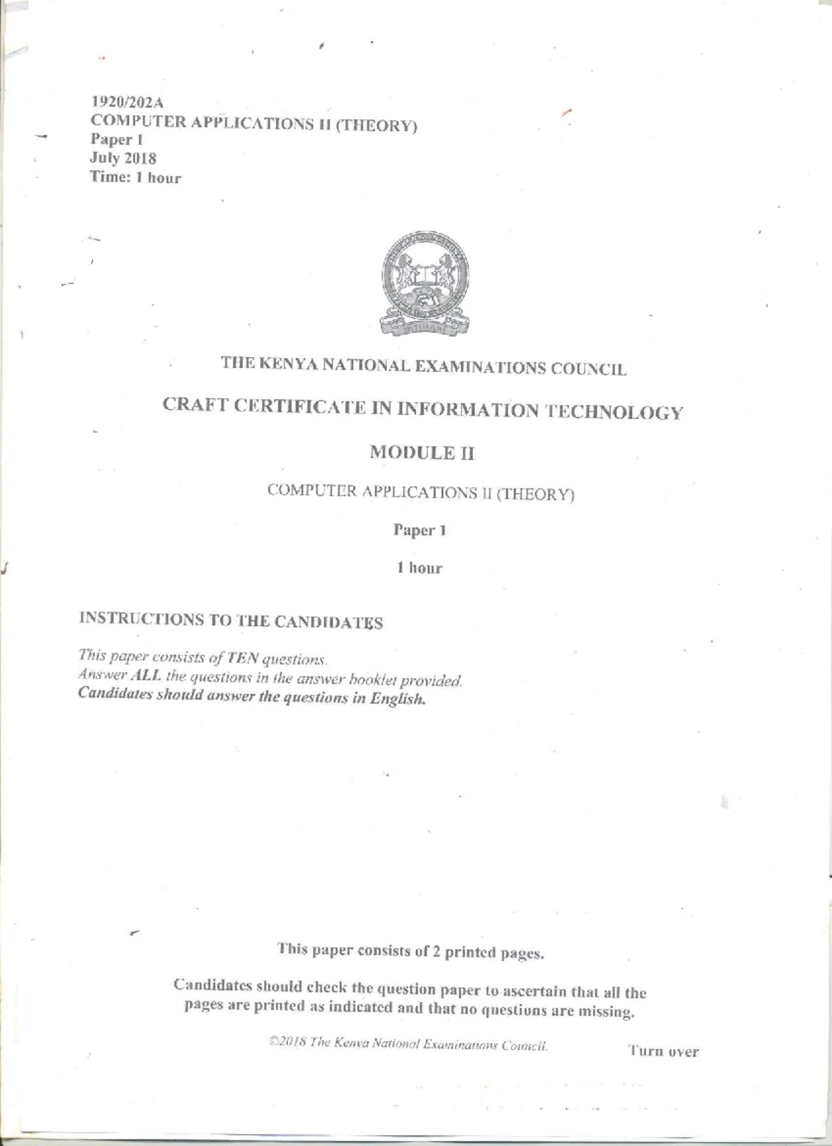COMPUTER APPLICATIONS II (THEORY) Paper 1 July 2018 Exam Guide - Studocu