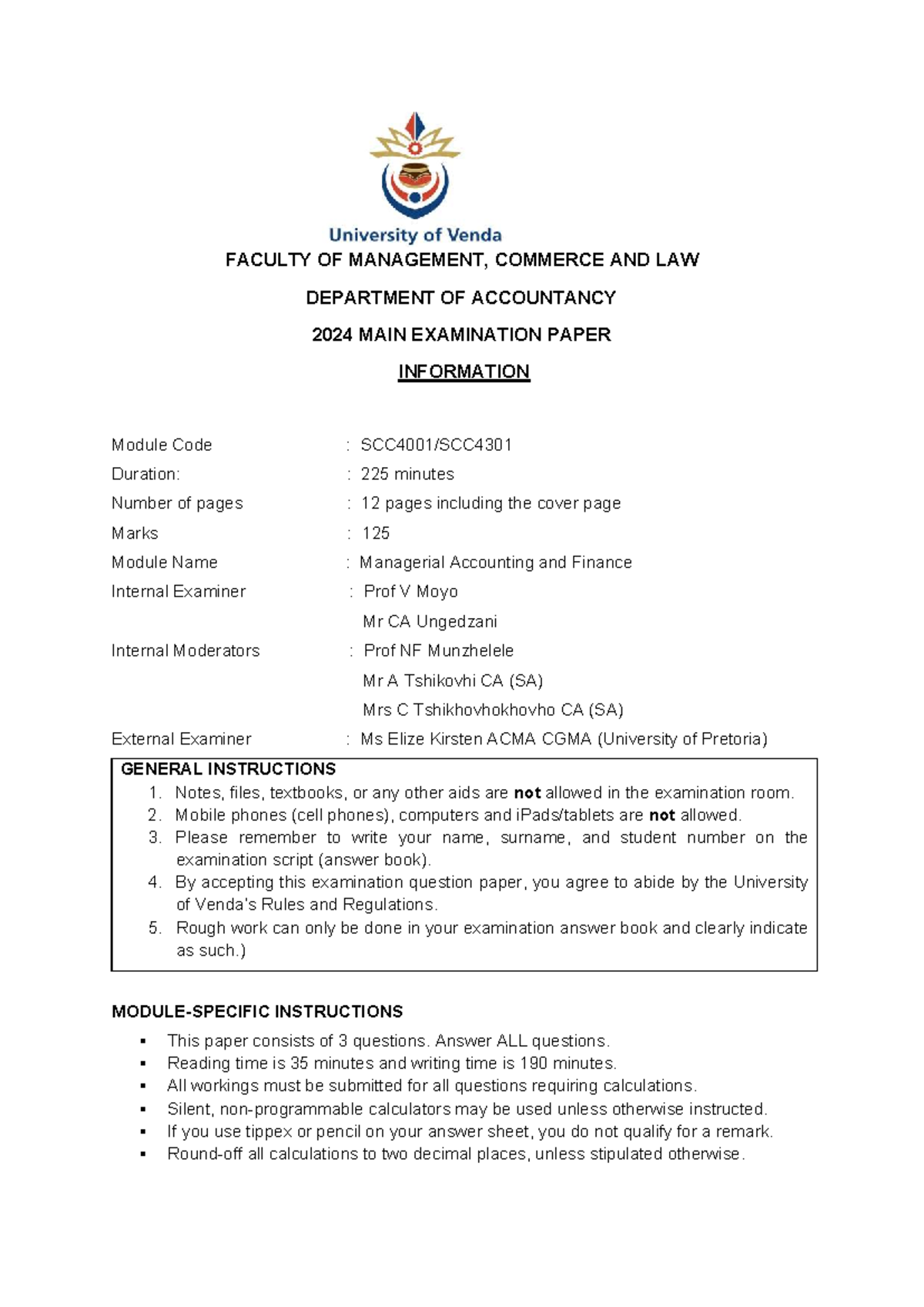 SCC4001 Managerial Accounting & Finance Main Exam Paper 2024 - Studocu