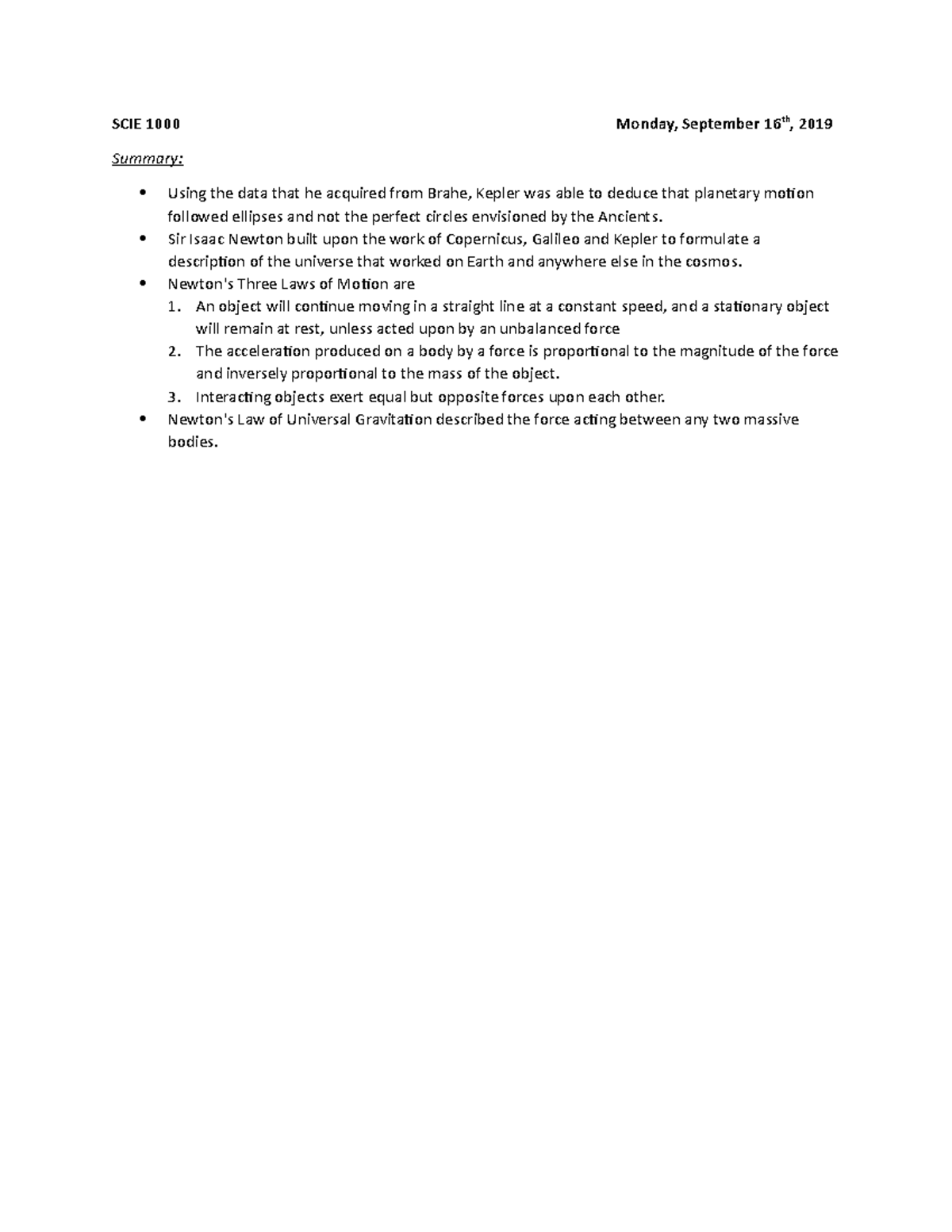 Issac Newton Summary - Lecture notes 3 - SCIE 1000 Monday, September ...