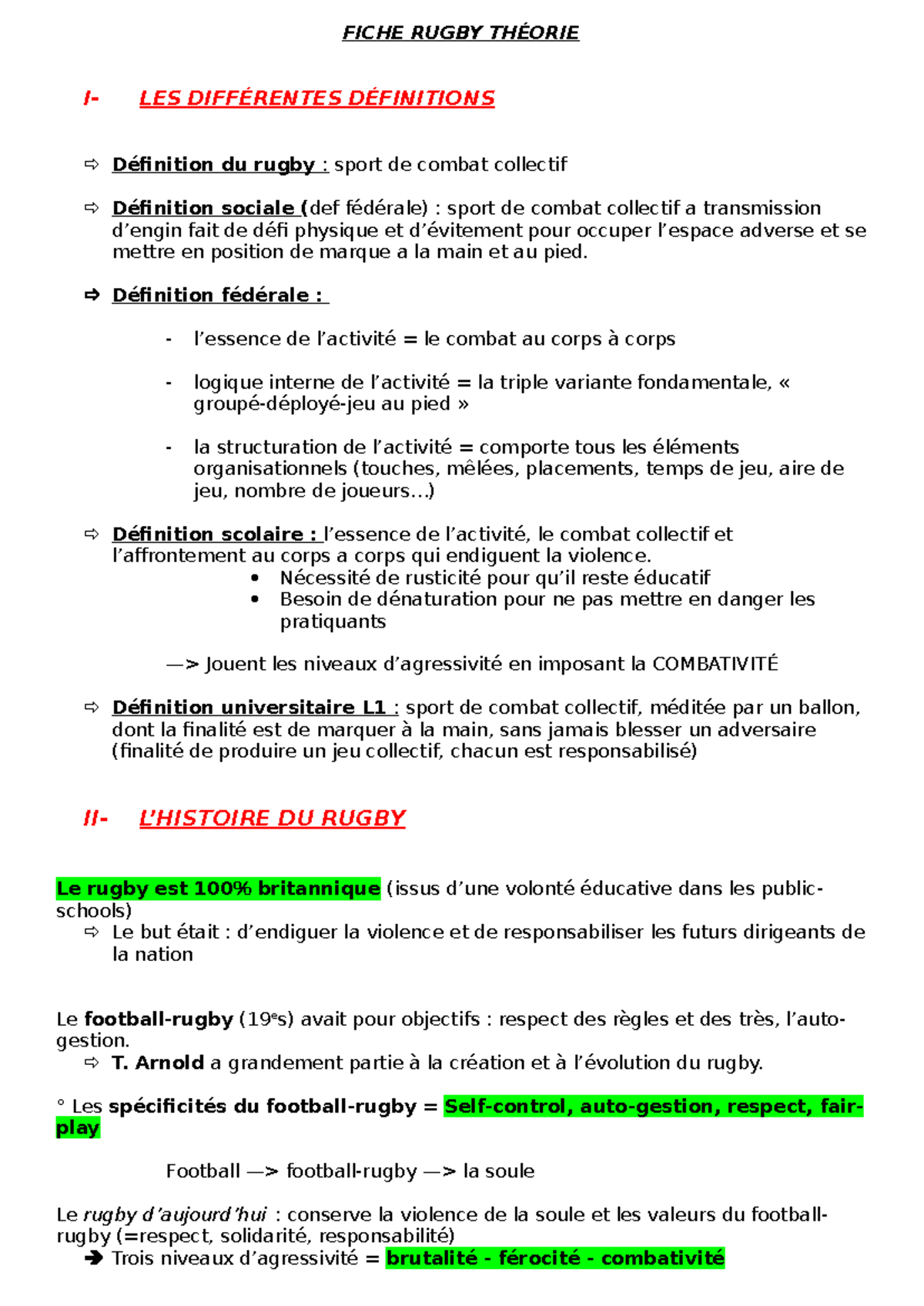 Fiche de Théorie du Rugby - STAPS L1 - Studocu