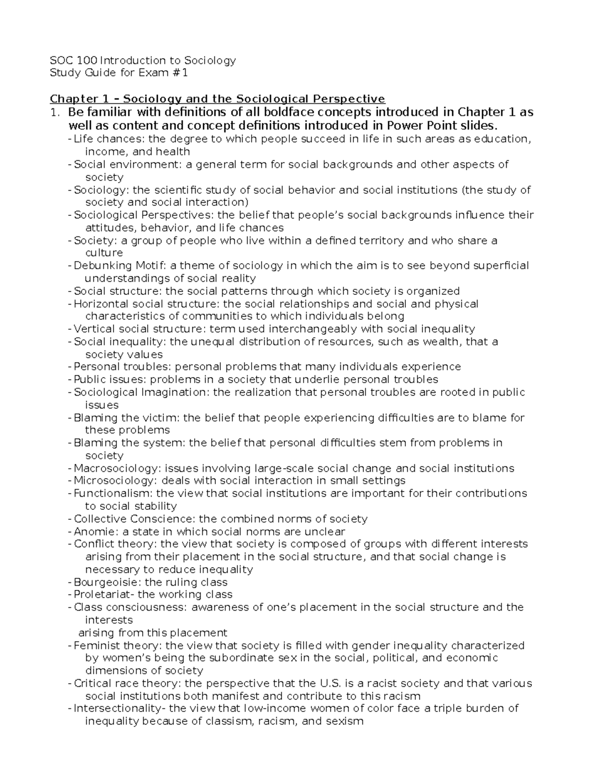SOC 100 Study Guide for Exam #1: Key Concepts in Sociology - Studocu