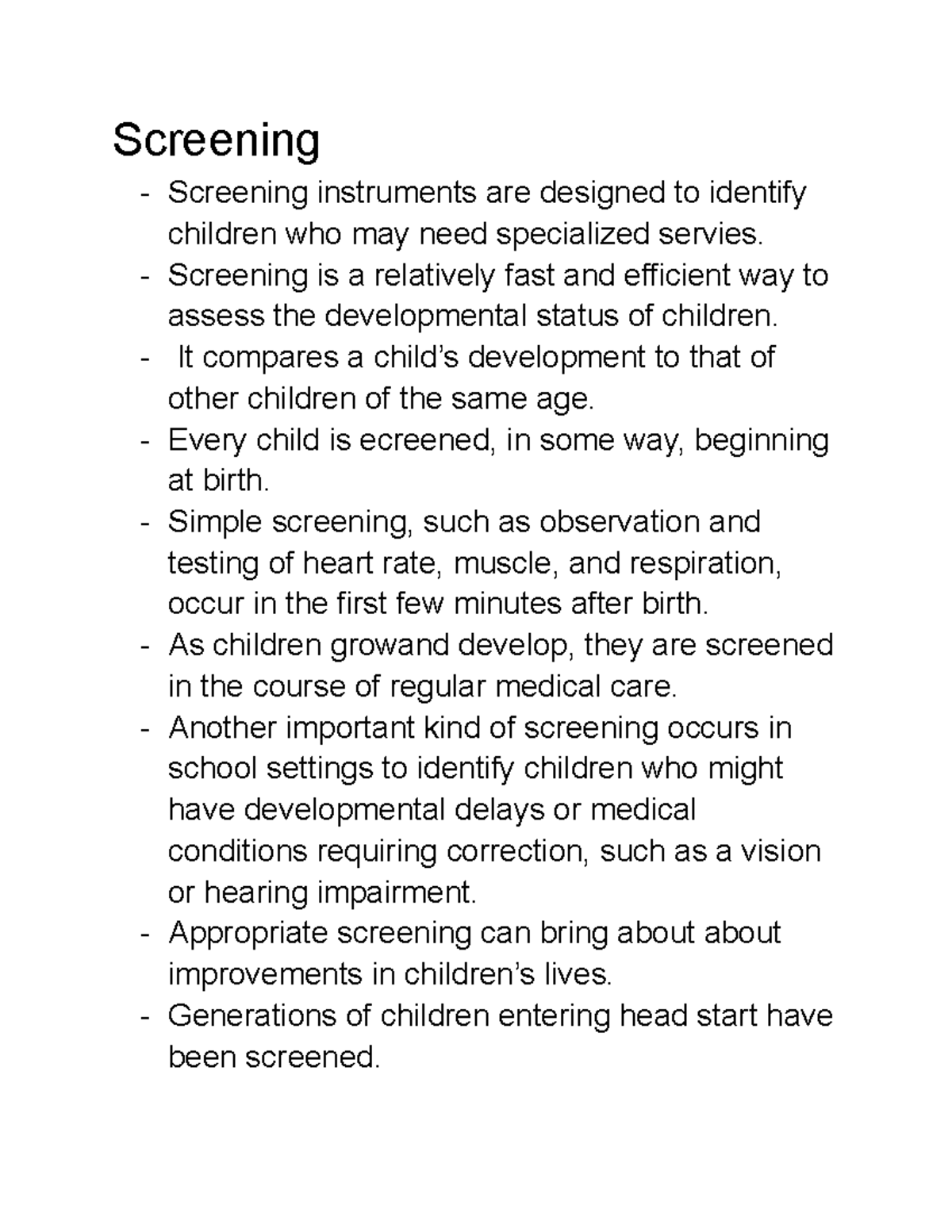 Screening for Developmental Needs: Instruments and Impact - Studocu