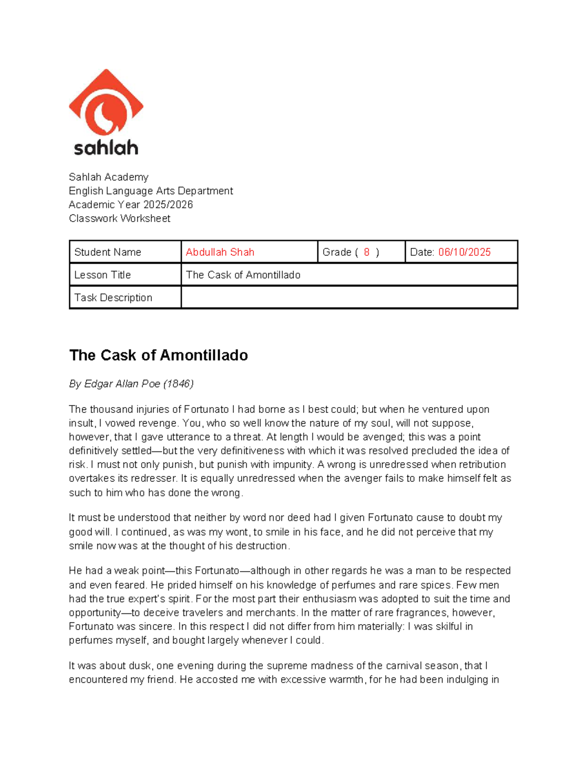 Grade 8 ELA Lesson: The Cask of Amontillado Analysis & Activities - Studocu