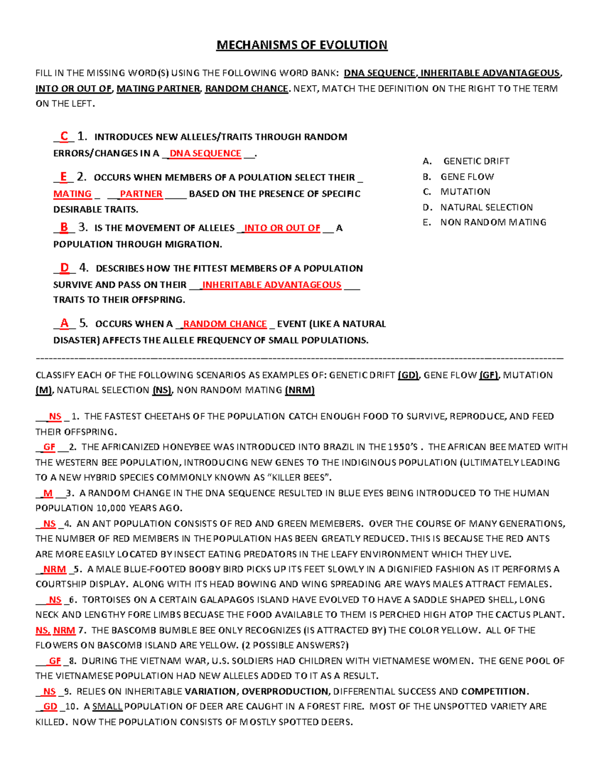 Mechanisms of Evolution Test Review-Answers - MECHANISMS OF EVOLUTION ...