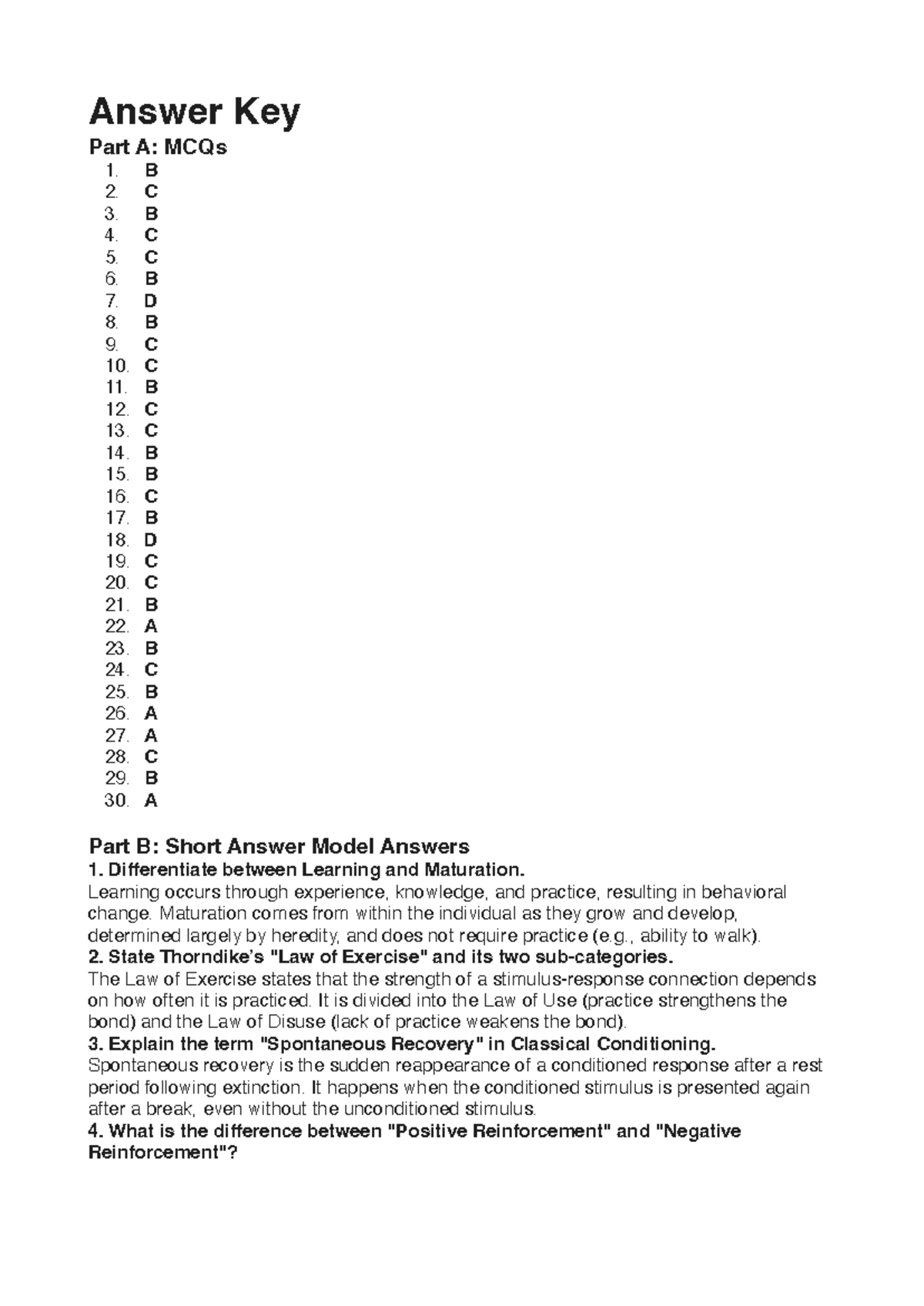 Answer Key: MCQs & Short Answers for PSY 101 Final Exam - Studocu