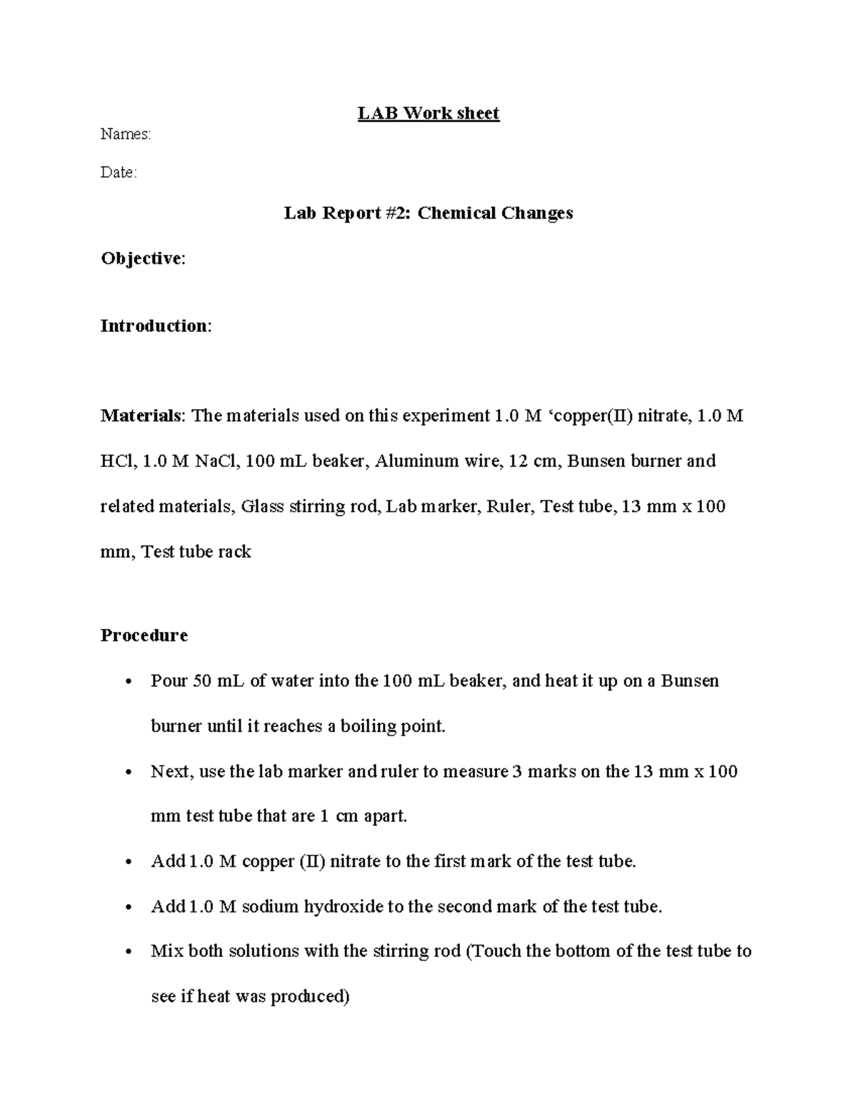 Chemical Change Lab Report - Worksheet for Experiment - Studocu