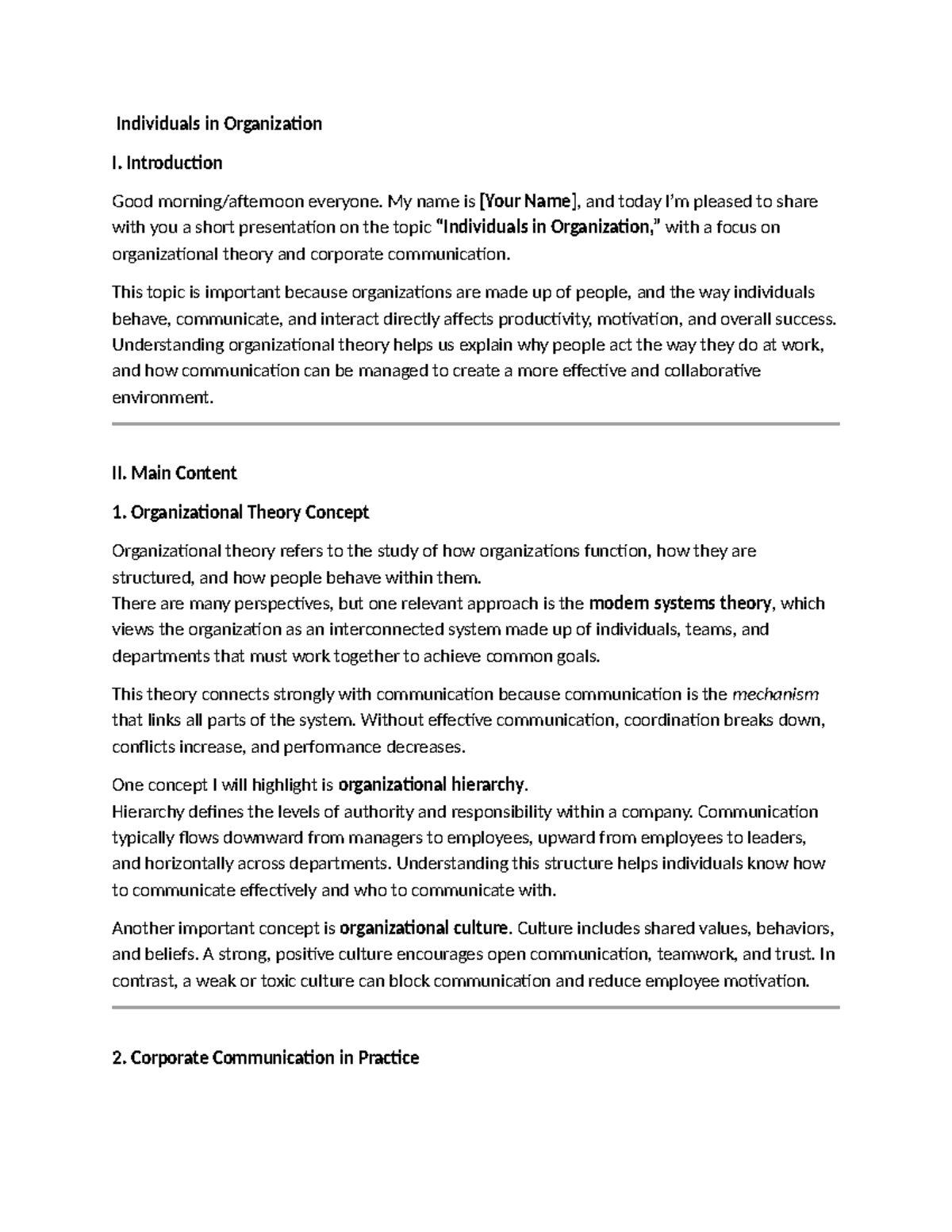Presentation Script - Individuals in Organization I: Theory ...