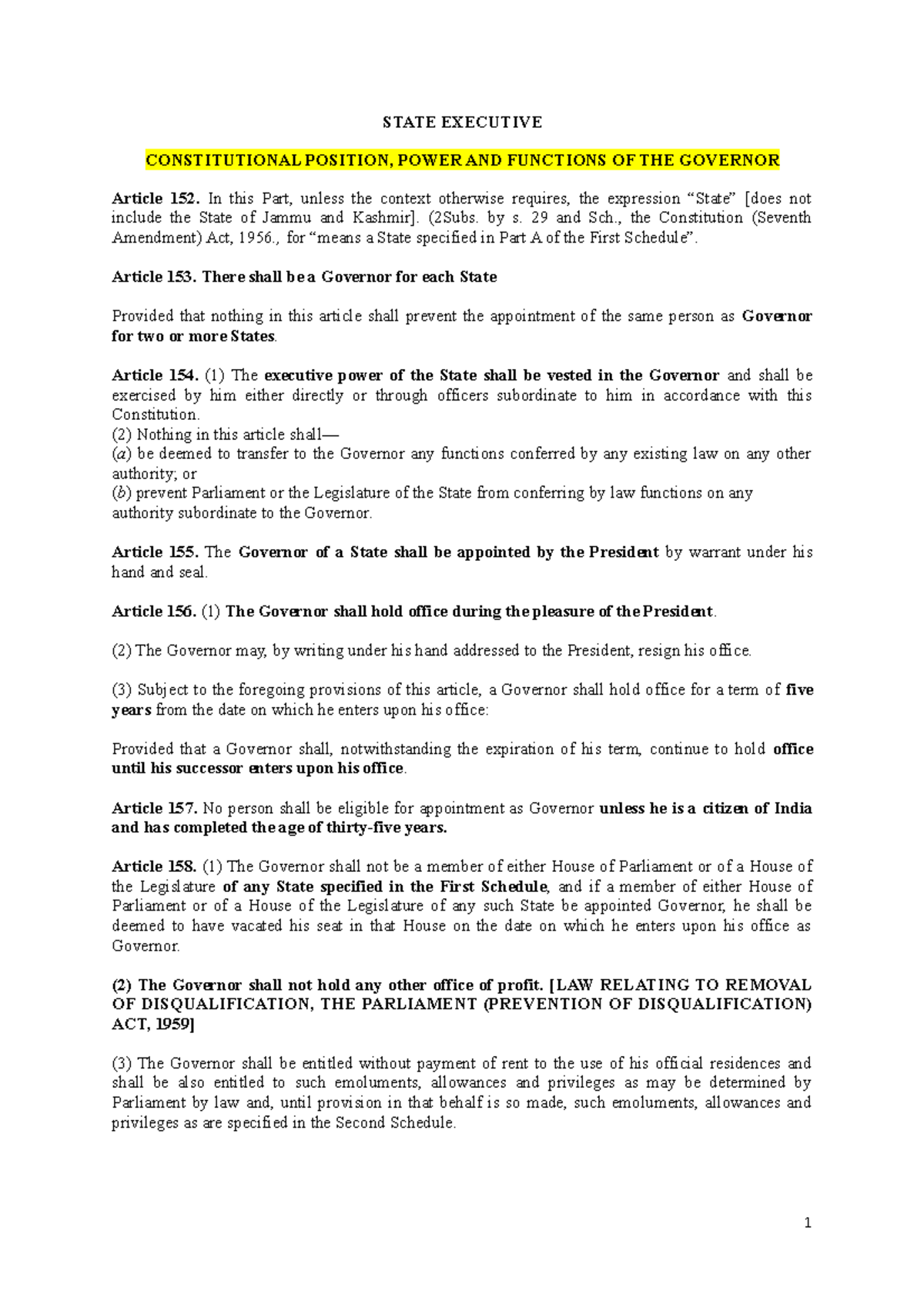 12. State Executive - Comprehensive Notes on Governor's Role - Studocu