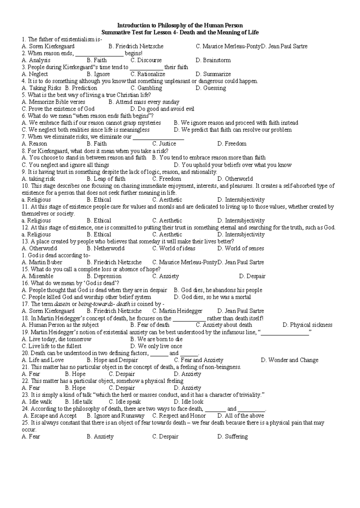 Introduction to Philosophy of the Human Person: Summative Test on Death ...