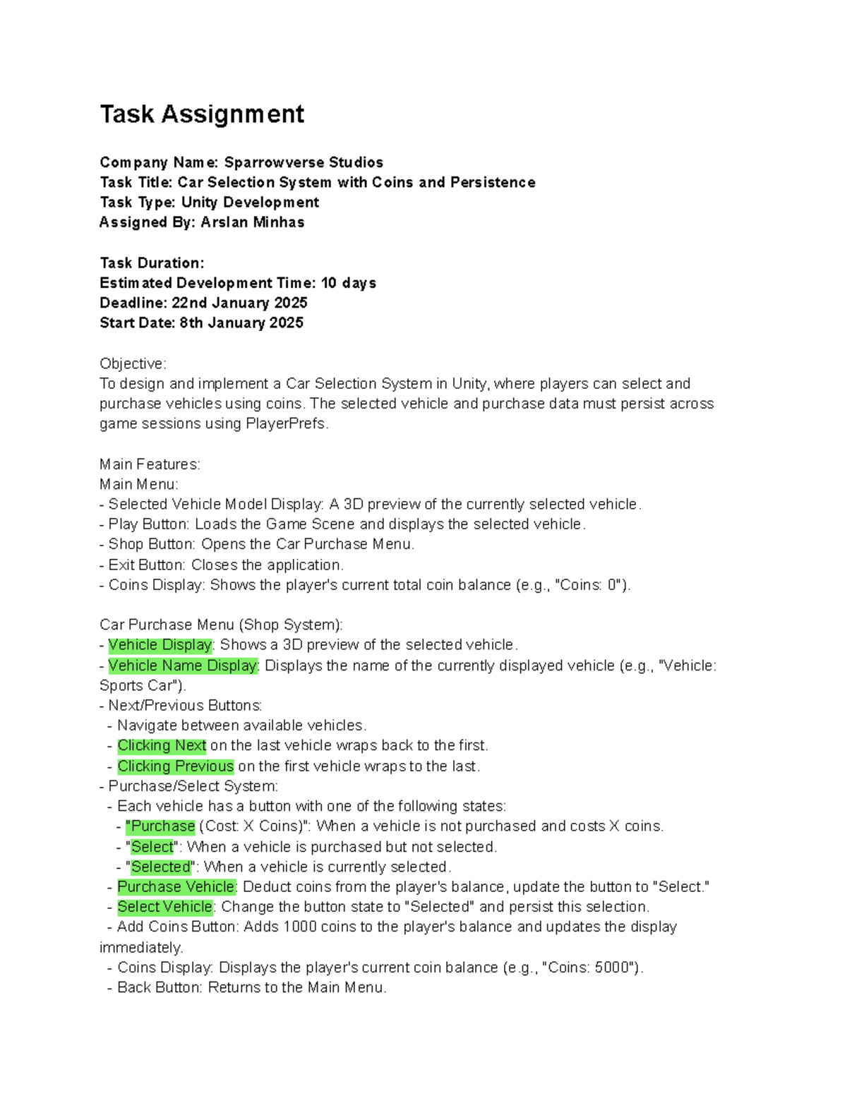 Task Assignment Sparrowverse Studios - Task Assignment Company Name ...