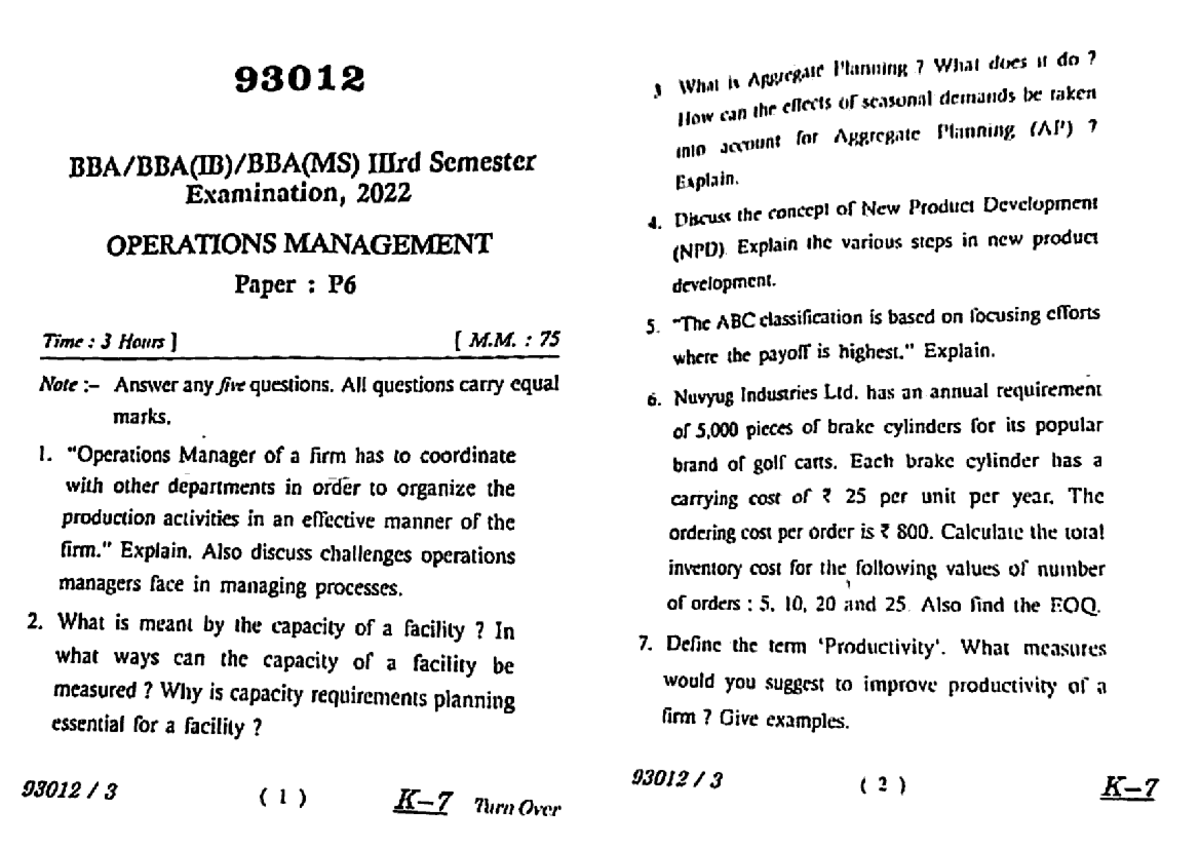 Operations Management Final Exam Notes - BBA 3 Sem 93012 2022 - Studocu