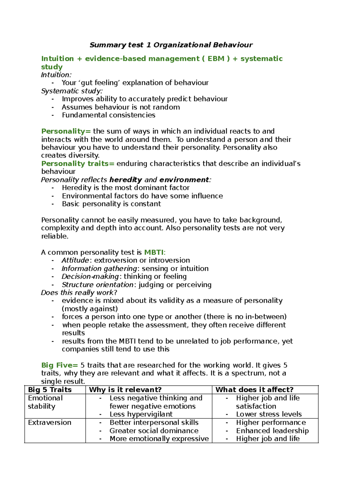 Organizational Behaviour Test 1 Summary & Key Concepts - Studeersnel