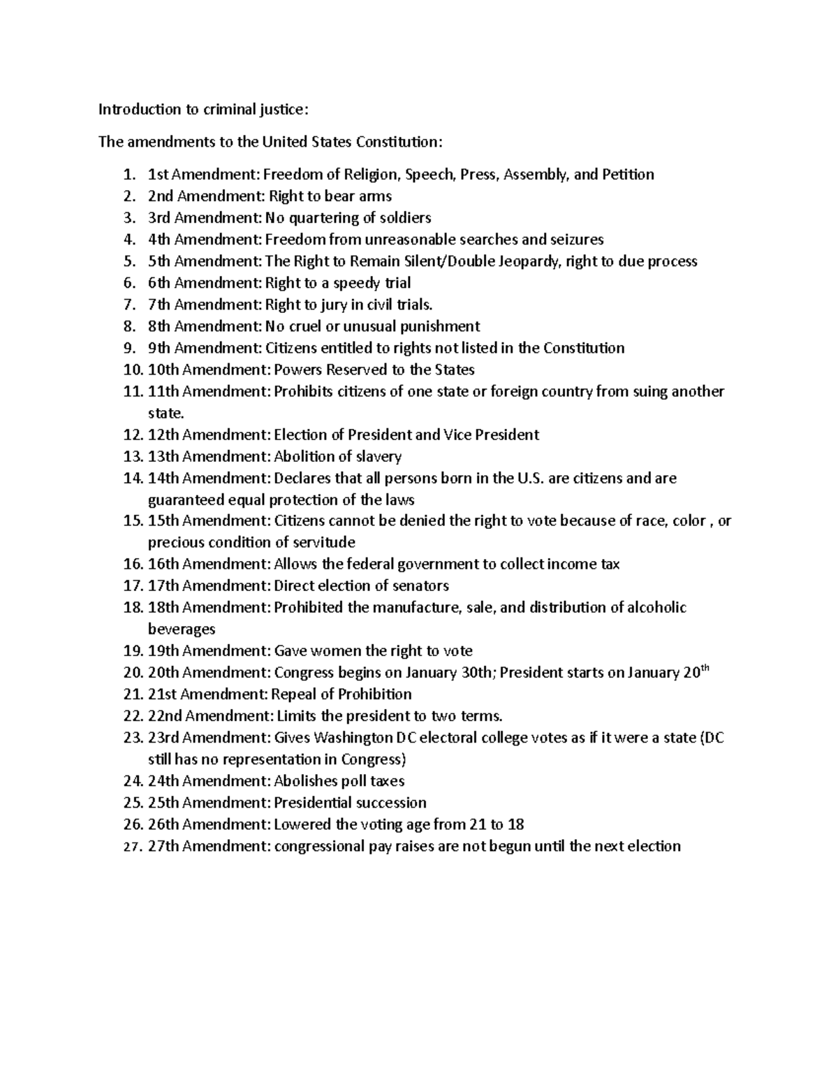 CJ 101: Amendments Study Guide for Intro to Criminal Justice - Studocu