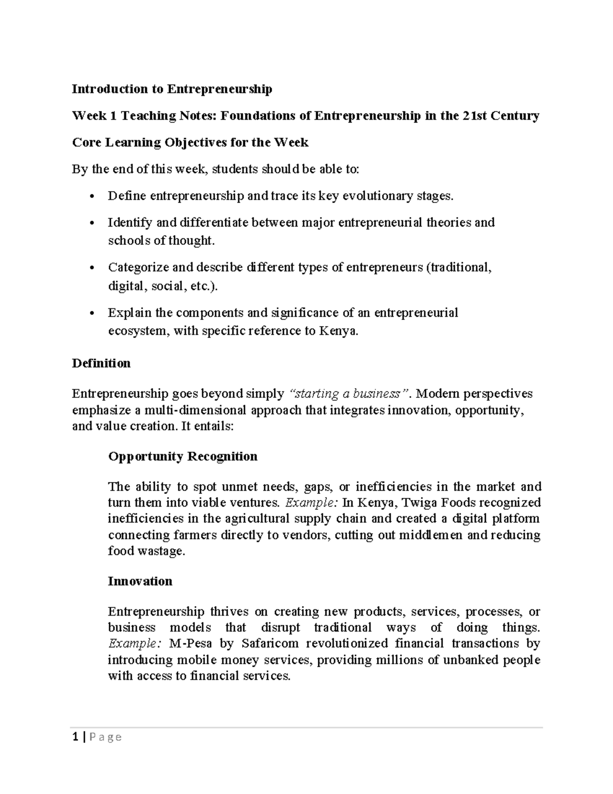 ENT 101: Week 1 Teaching Notes on Foundations of Entrepreneurship - Studocu