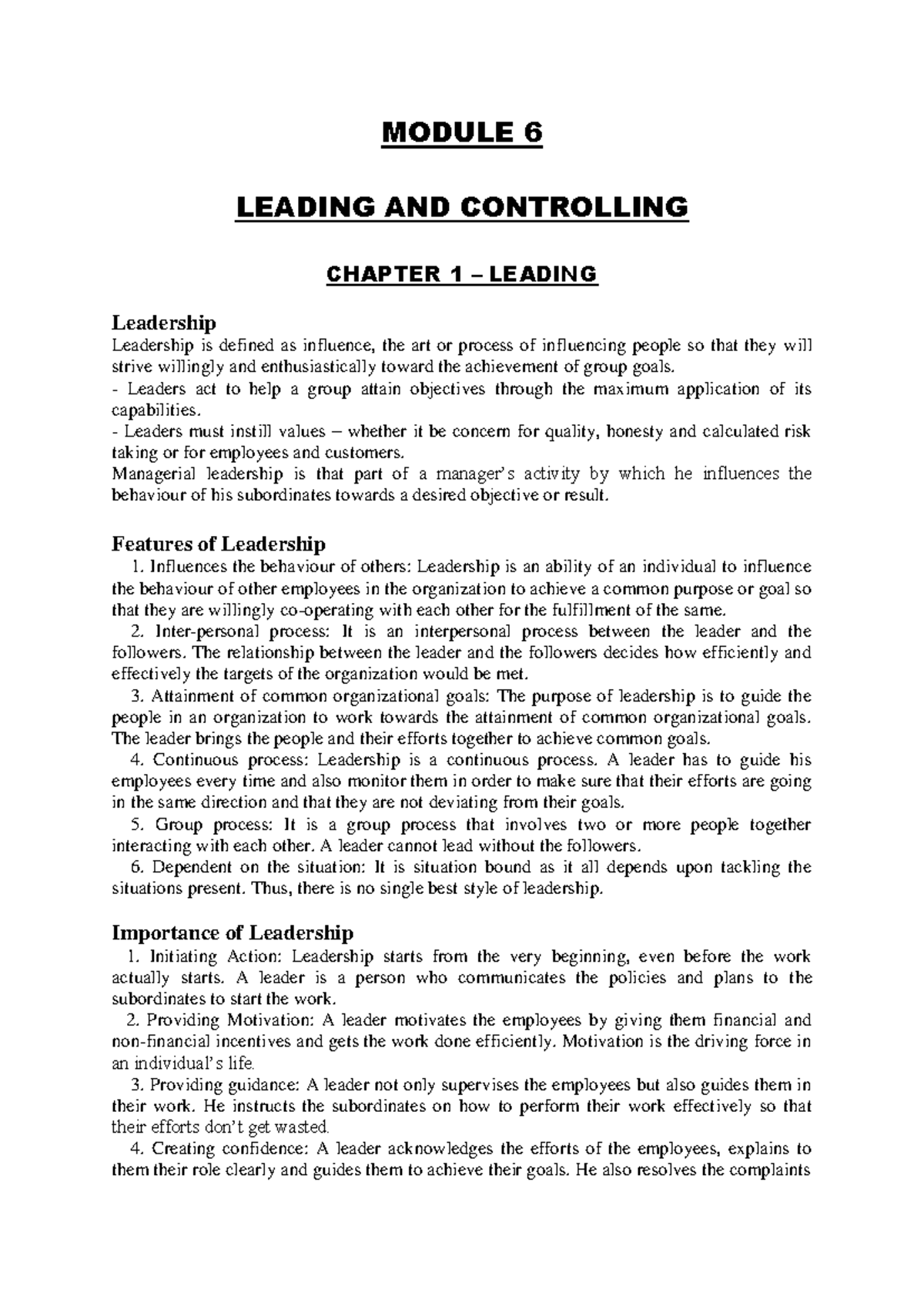 POM 6 - Leading and Controlling: Lecture Notes on Leadership - Studocu