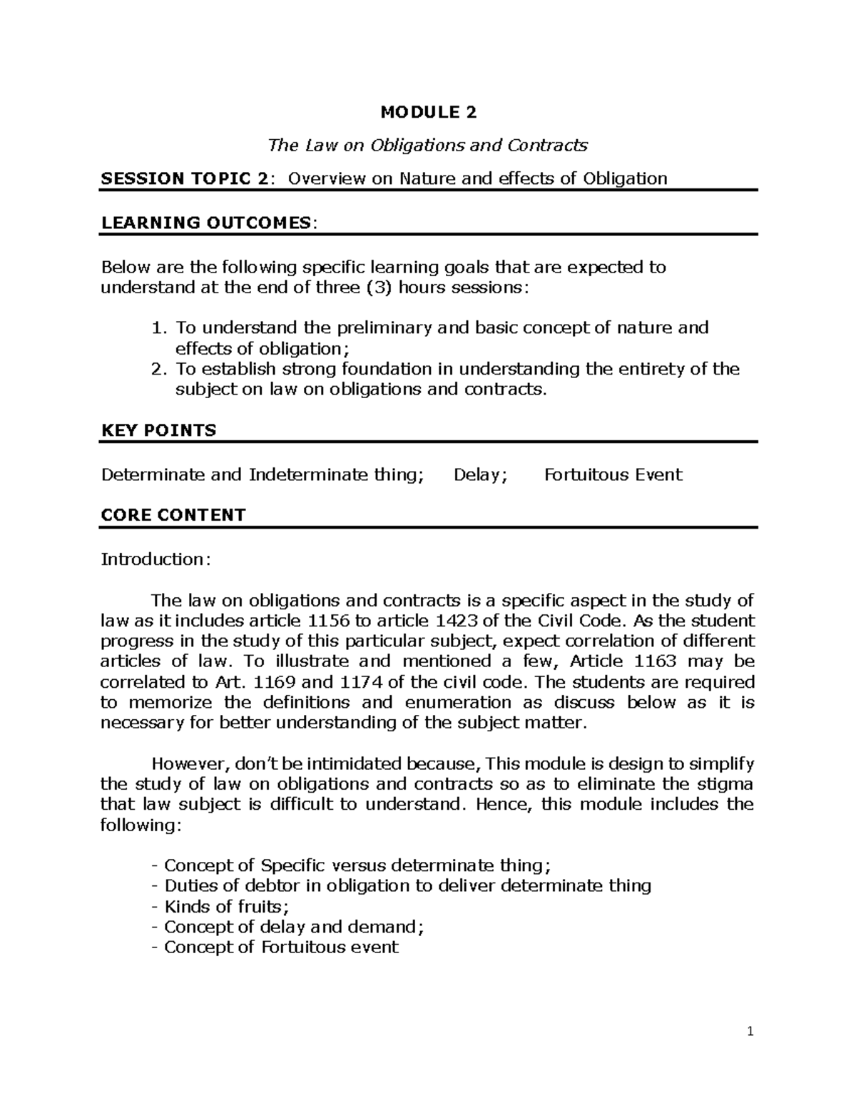 Module 2 - Lecture notes 2 - law on obligations and contracts - Studocu