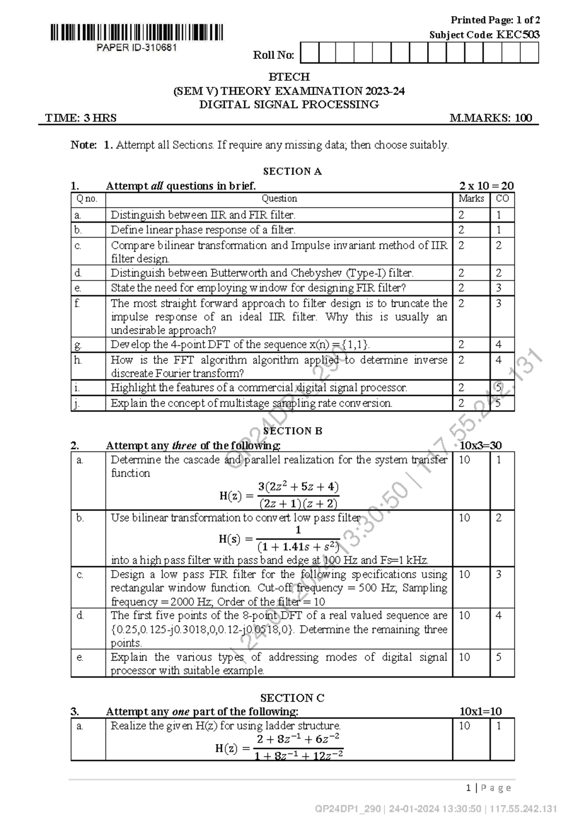 KEC503 Digital Signal Processing Theory Exam Notes - Studocu