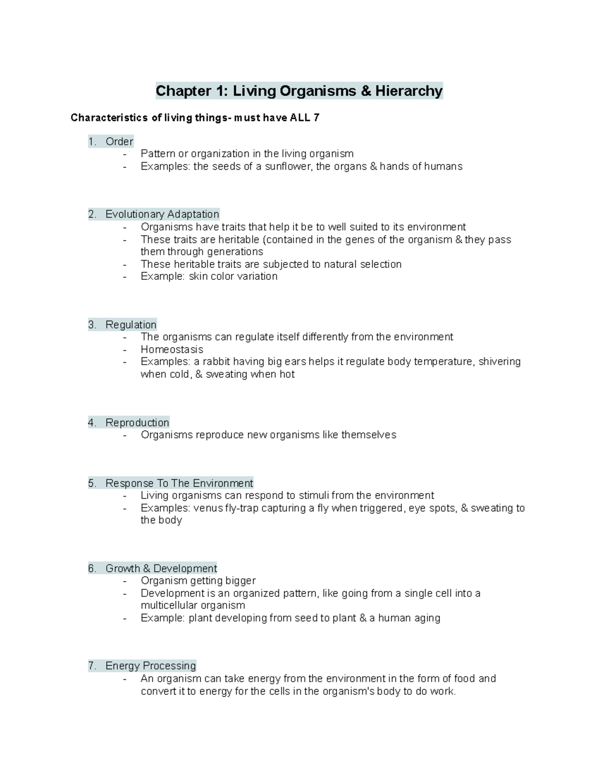Biology 101: Chapter 1 - Hierarchical Characteristics of Life - Studocu