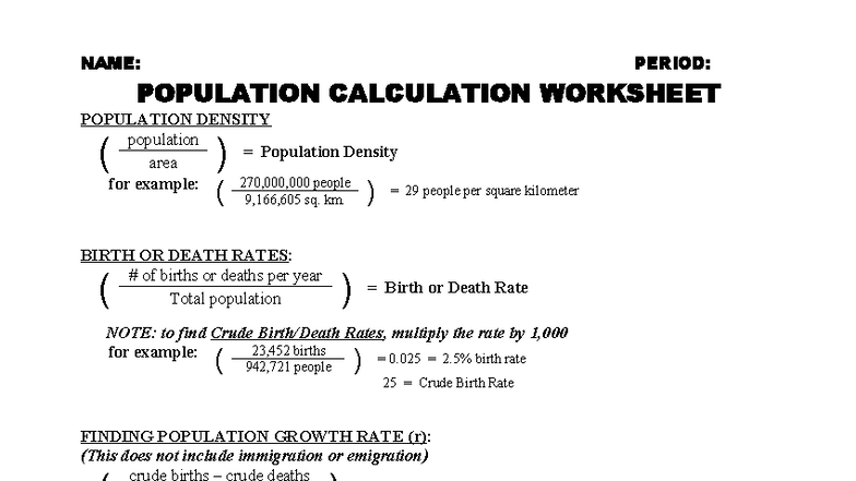 Population Calculation Worksheet: Density, Growth & Rates - Studocu