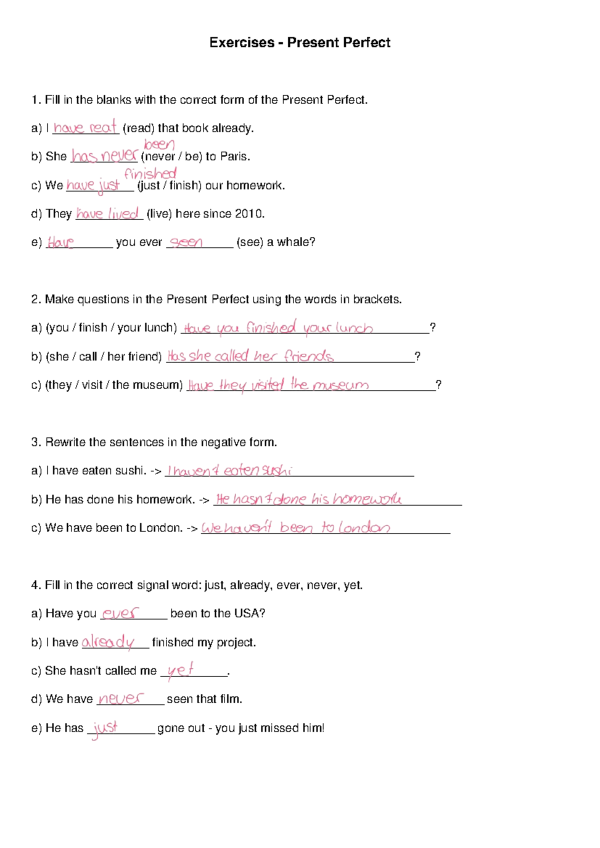 Present Perfect Exercises: Fill in the Blanks and Questions - Studocu