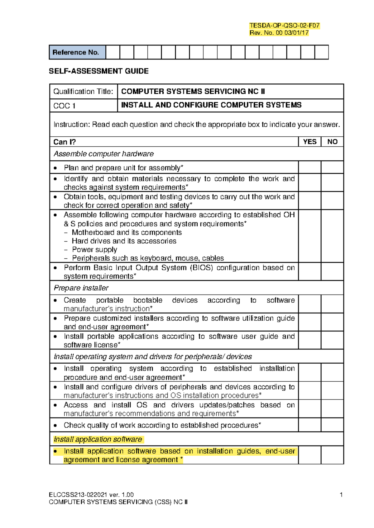 COC1.SELF Assessment Guide(SAG) - ELCCSS213- 0220 21 ver. 1. COMPUTER ...